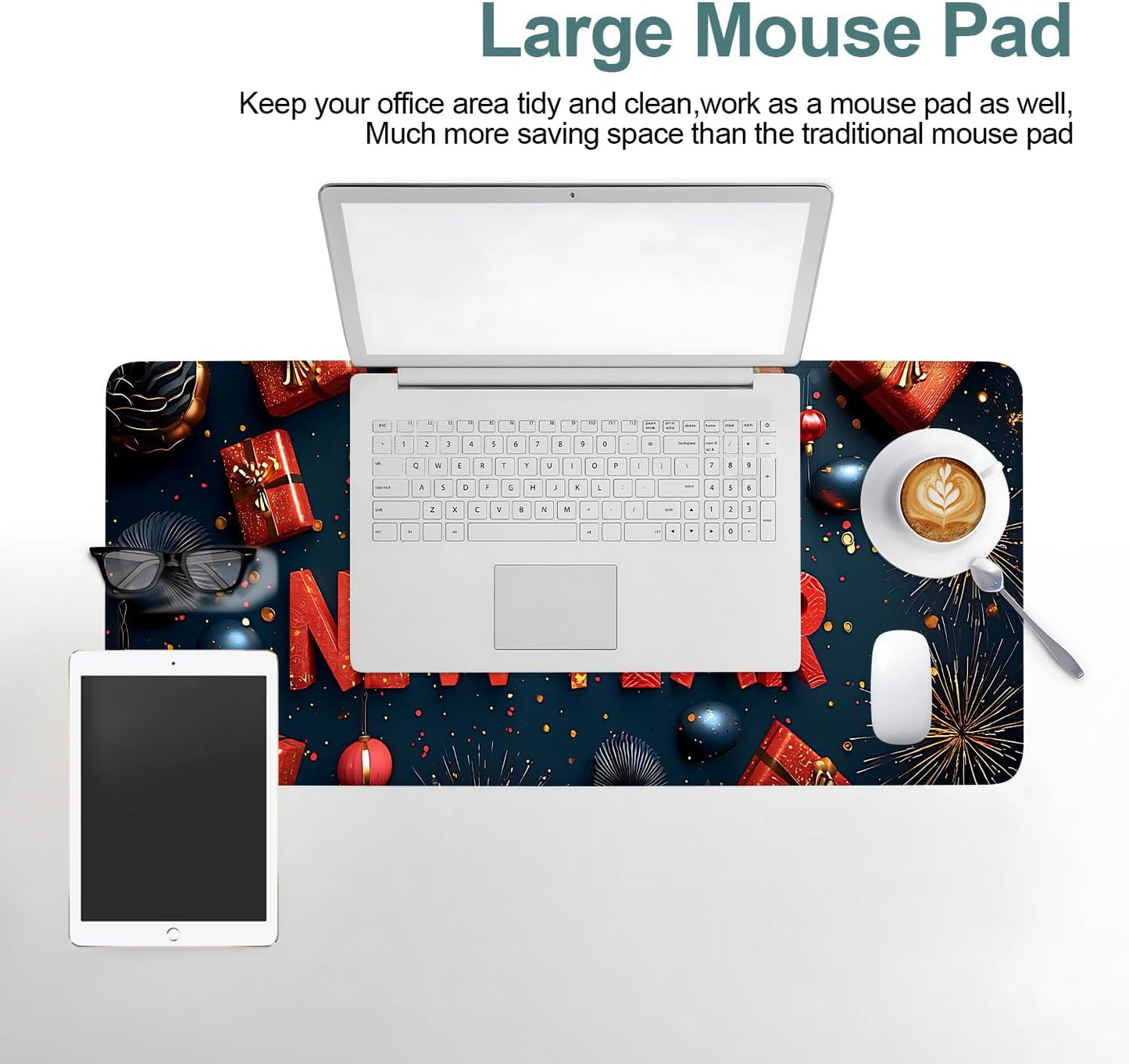 Happy New Year Gaming Mouse Pad 31.5"x11.8"Desk Mat Anti-Slip Rubber Base & Durable Stitched Edges for Gamers Smooth Mouse Writing Surface for Desk Office/Home