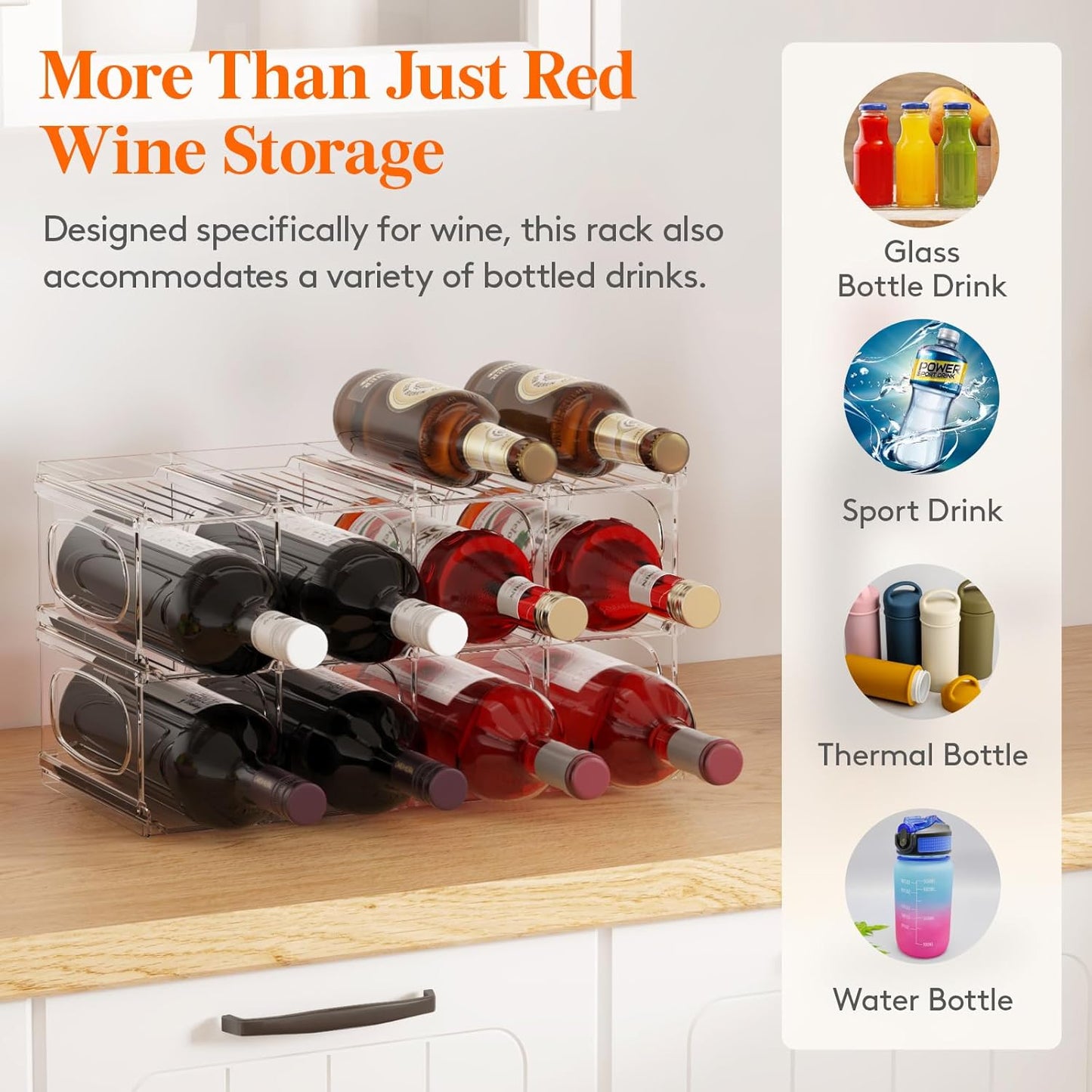 Lifewit Wine Rack for Fridge, Stackable Wine Bottle Holder with Sturdy Support Insert & Reinforced Design, Plastic Bottle Organizer for Refrigerator, Cabinet & Pantry, Clear, Holds 12 Bottles
