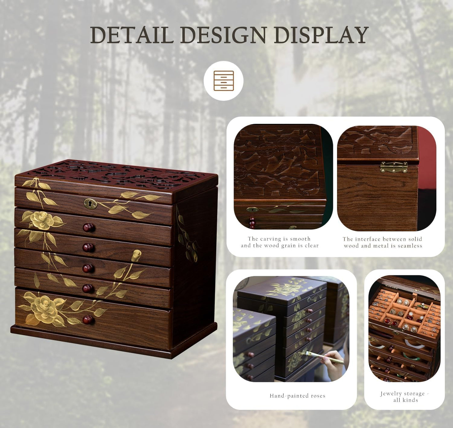 Hand-painted Wooden Jewelry Box, 7 Layer Jewelry Organizer, Vintage Wooden Jewelry Boxes for Women,jewelry holder organizer,5 drawer dresser,necklace organizer box with lock