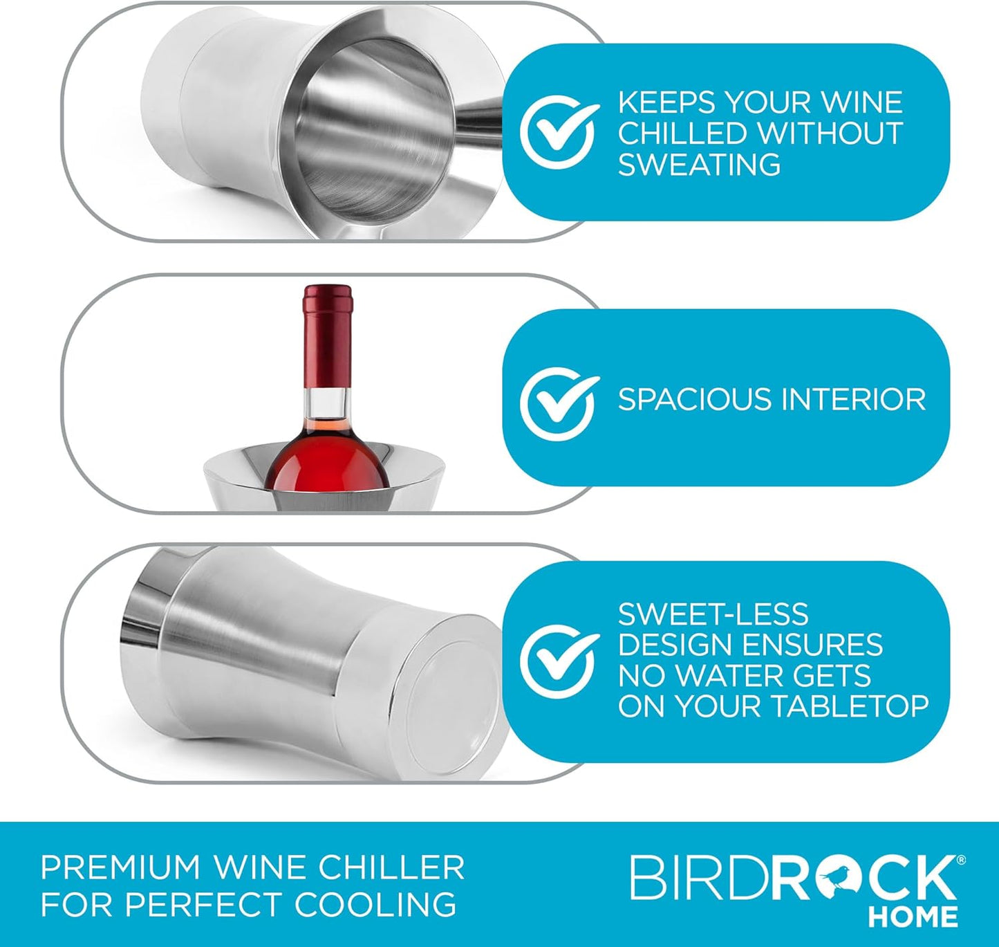 BirdRock Home Stainless-Steel Wine Chiller - Elegant Double Wall Bucket - Single Insulated Bottle Holder - Wine or Champagne Cooler for Table - Wine Accessories - Indoor or Outdoor - Silver
