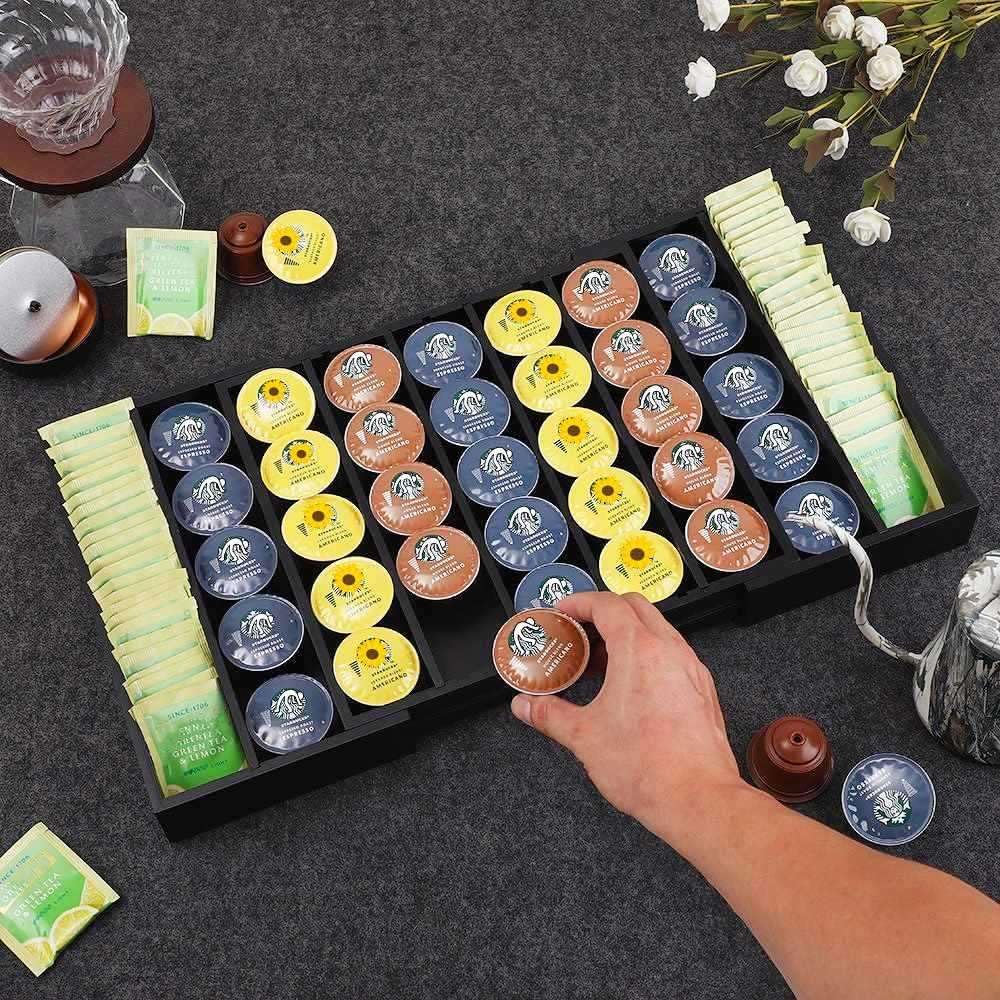 K Cup Holder Bamboo Coffee Pod Holder Drawer Organizer, Expandable K Cup Pod Storage Tea Bag Storage for Coffee Station Home Office and Kitchen (Black)