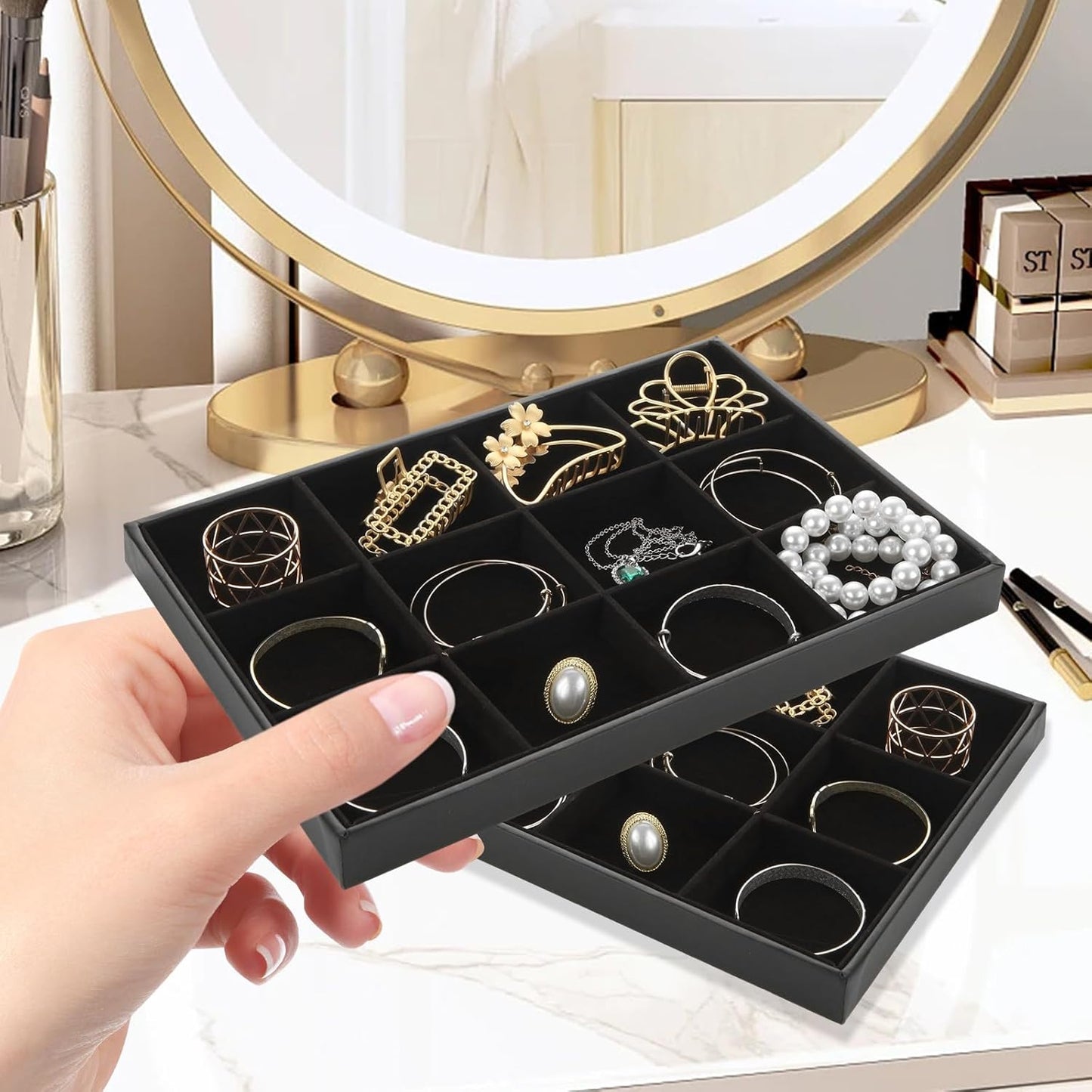 STARVAST 3 Pcs Stackable Velvet Jewelry Organizer Trays, 12 Grids Jewelry Organizers and Display Case Storage for Earrings Bracelets Necklace Rings, Jewelry Trays Drawer Insert