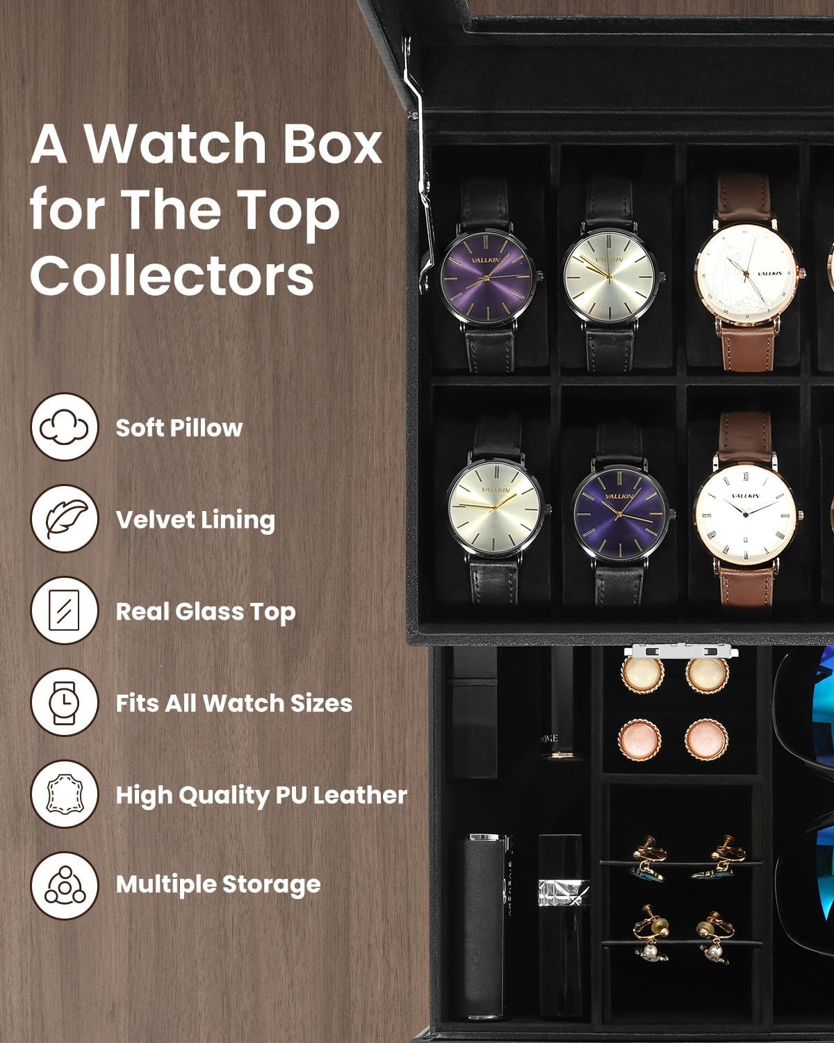 Uten 8-Slot Watch Box, 2-Layers PU Leather Watch Case with Glass Lid, Watch Holder Organizer with Soft Pillow and Velvet Lining, Watch and Jewelry Storage Box, Black