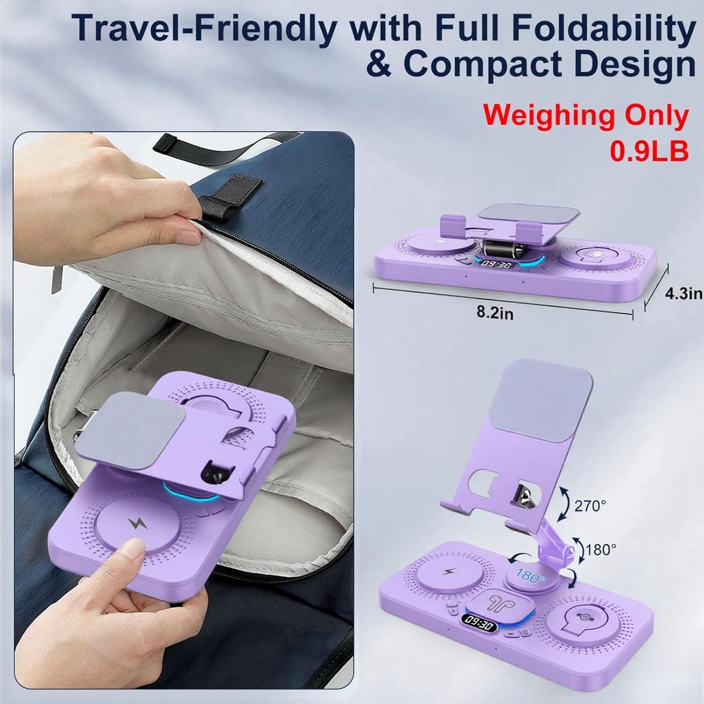 30W Charging Station for Apple Products, Foldable Wireless Charger with Clock Display&7 Color Light, Wired Charging for iPad/Tablet Charging Station for iPhone17, for Apple Watch11 for AirPods4(Purple