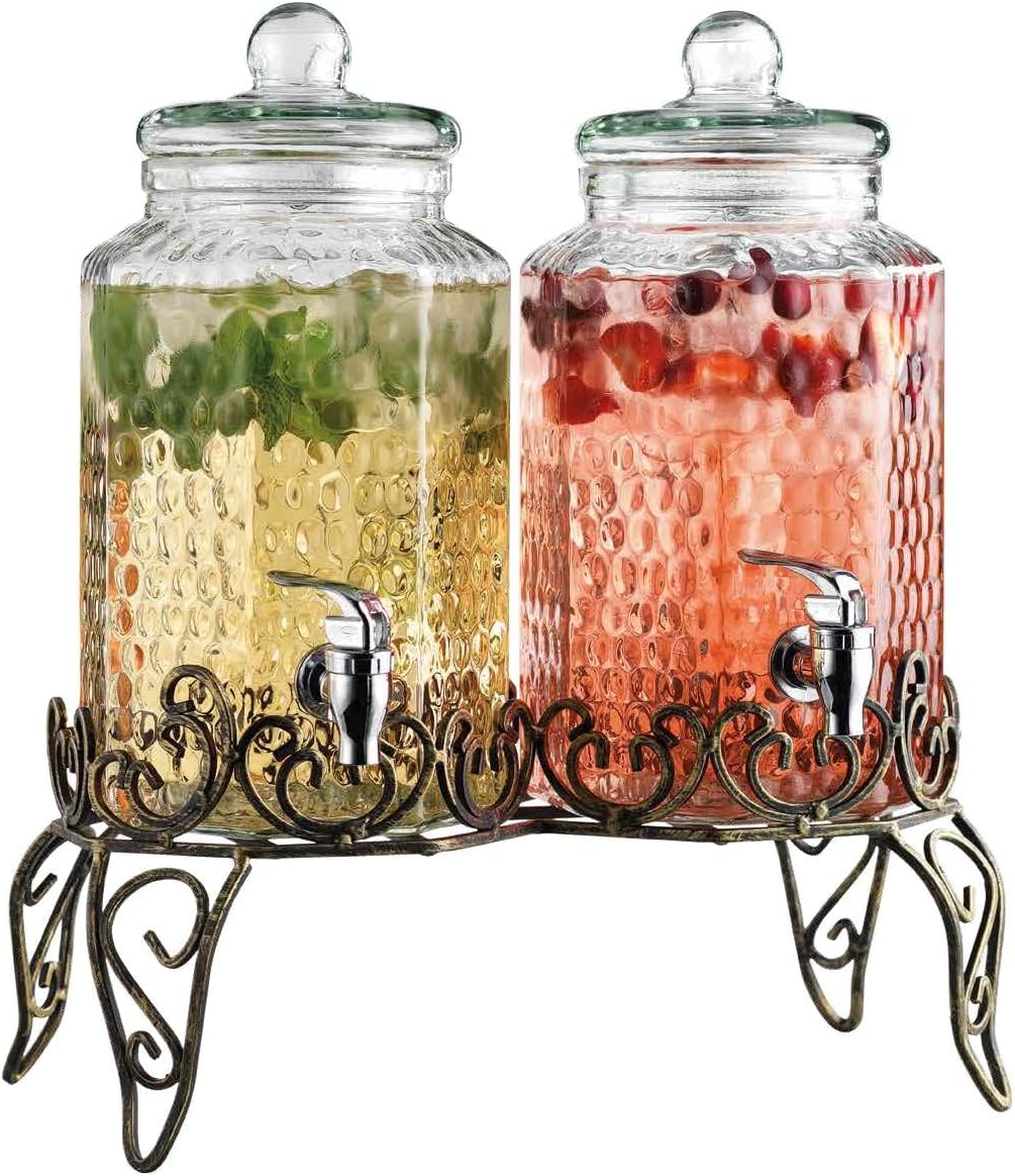 Classic Hammered Glass Beverage Dispenser with Elegant Stand (Set of 2), 1 Gallon Glass Drink Dispenser with Stand & Spigot, Party Drink Dispensers for Lemonade, Punch, Water, Juice