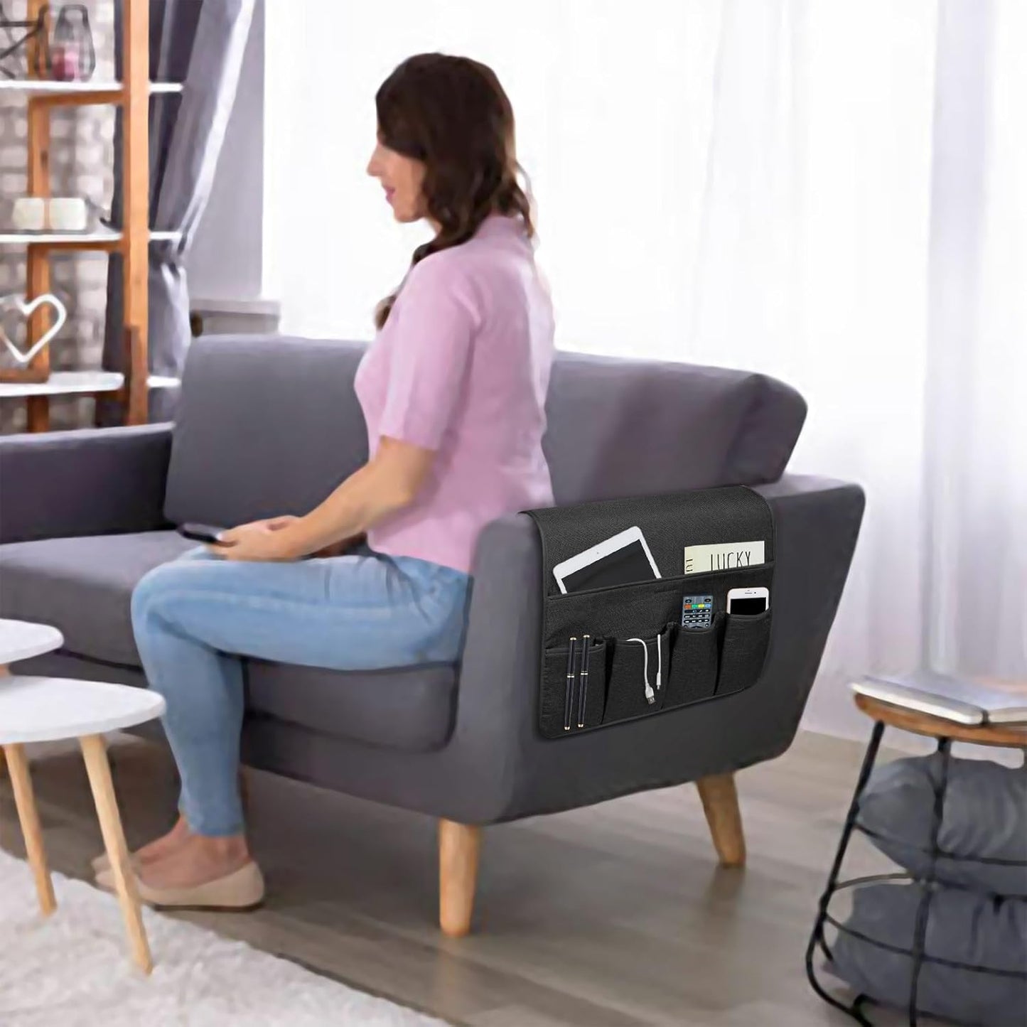 NB Sofa Armrest Organize remote holder bedside caddy organizer with 5 pockets,non-slip couch remote control holder couch armchair caddy accessories (black, 35''x18'')