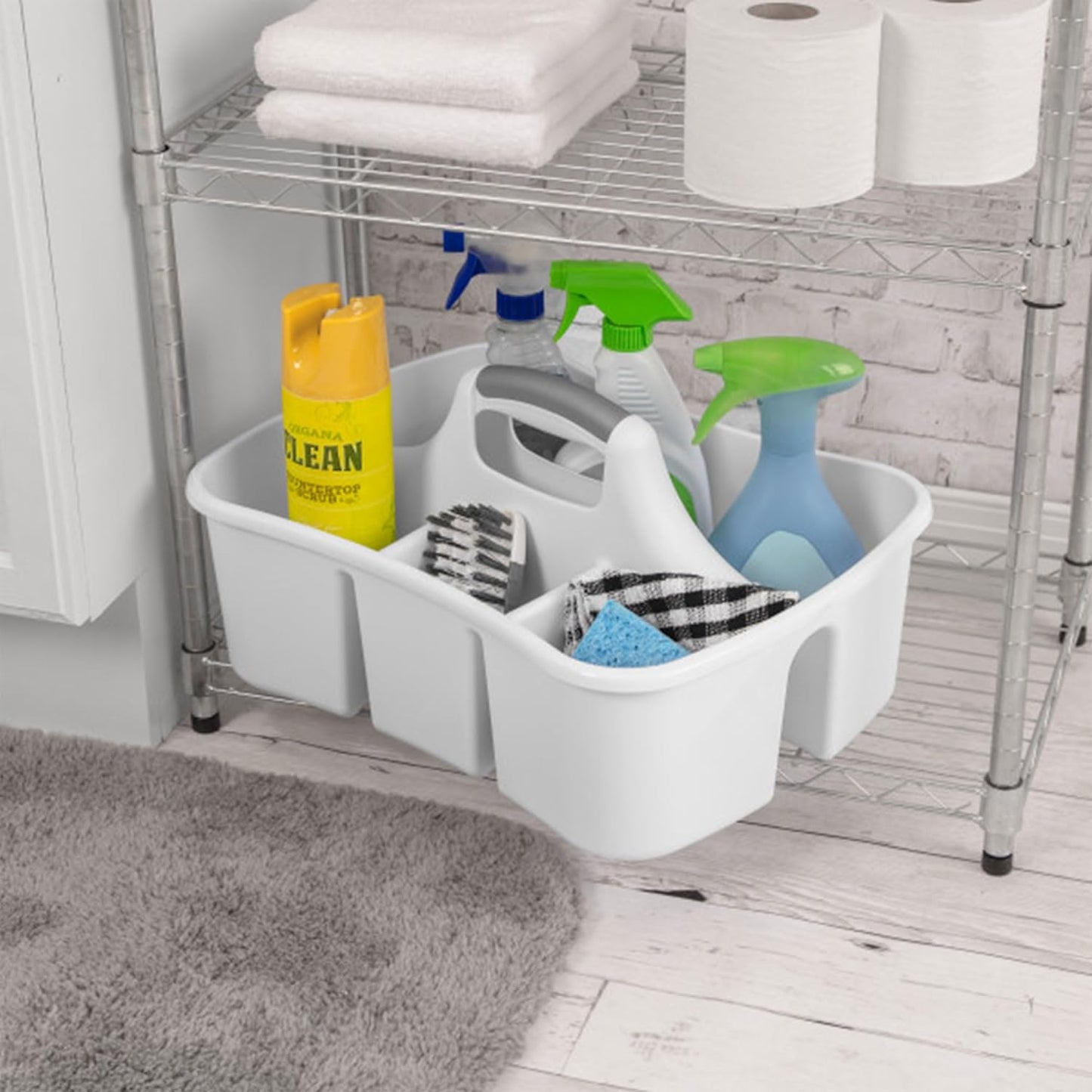Sterilite Divided Ultra Caddy, Plastic, Portable Storage to Hold Bathroom and Cleaning Supplies, 5 Large Compartments and Handle, White, 18-Pack