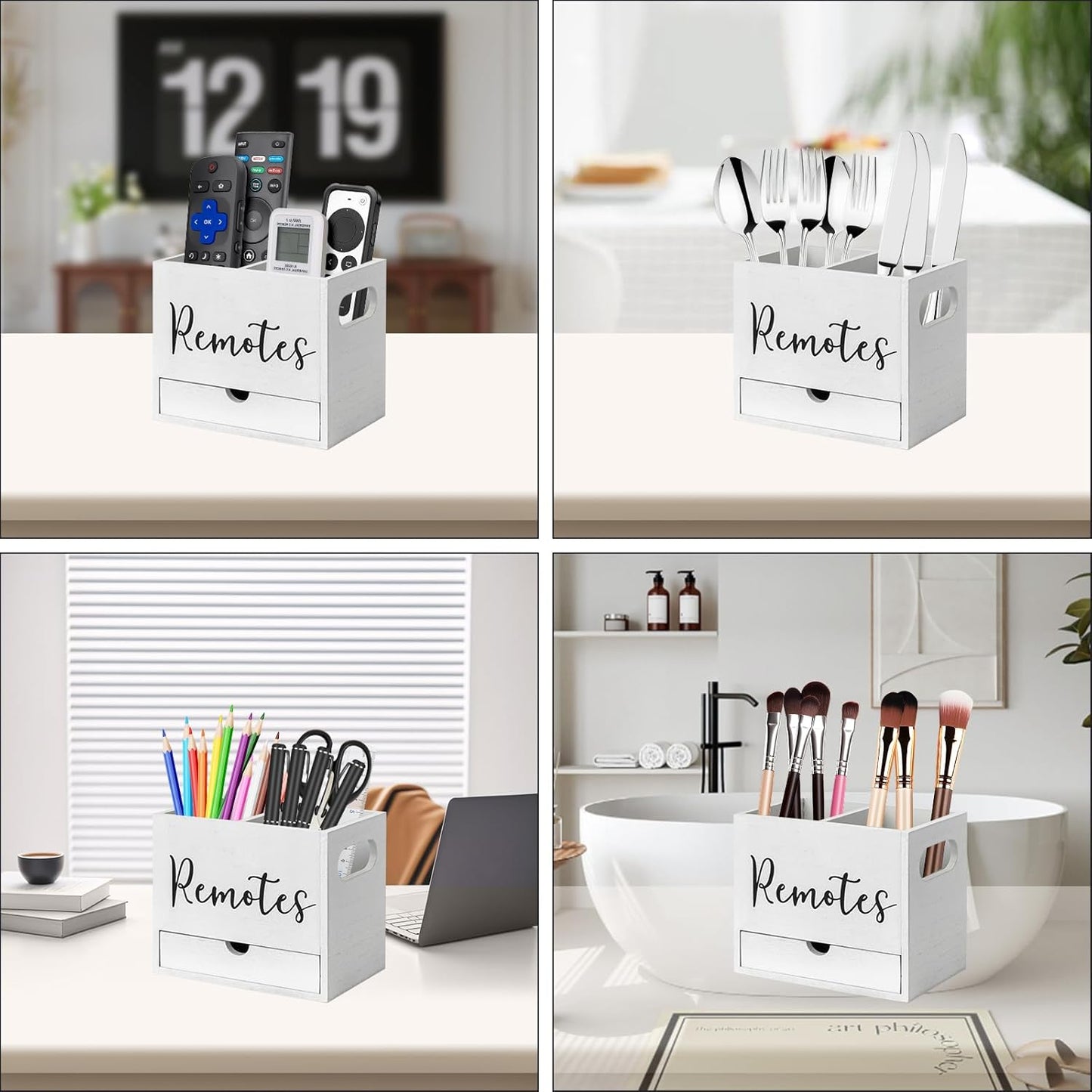 Remote Control Holder, 2 Slot TV Remote Holder& Desk Organizer with Drawers, Remote Organizer Caddy for Table, Wooden Remote Box for Nightstand,Media Storage Box for Living Room, Bed (White)