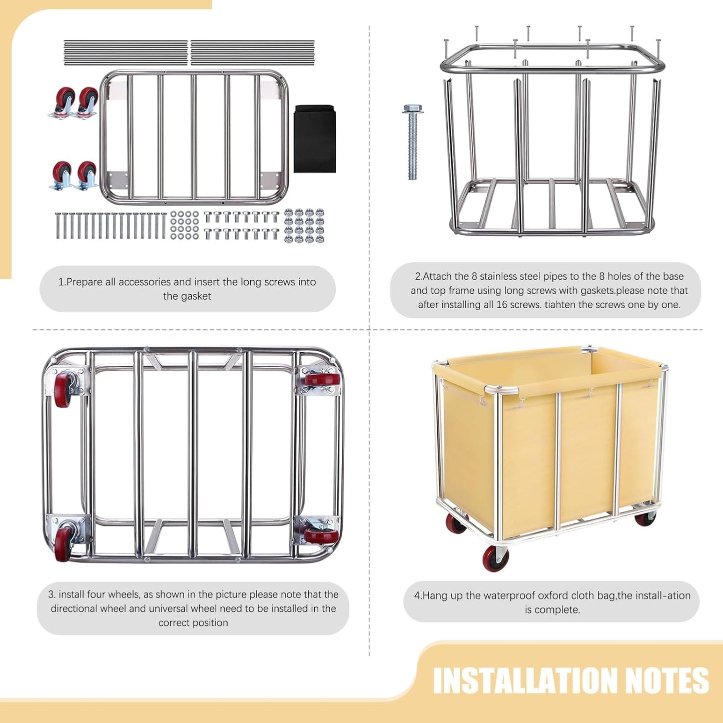 Commercial Laundry Cart with Wheels, 11.35 Bushels Large Roller with Removable Waterproof Canvas Lined Basket, Heavy Duty Stainless Steel for Hotels and Hospitals
