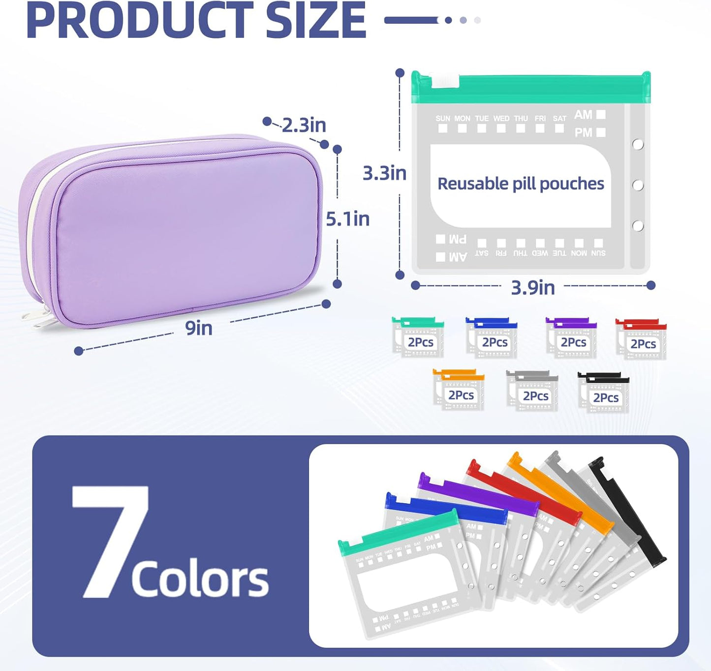 Weekly Pill Organizer 2 Times a Day - Timueetech A6 Waterproof 14 Pill Pouch Bags for Travel, BPA-Free Medicine Storage with Labels & Self-Sealing Design for Vitamins and Supplements, Purple