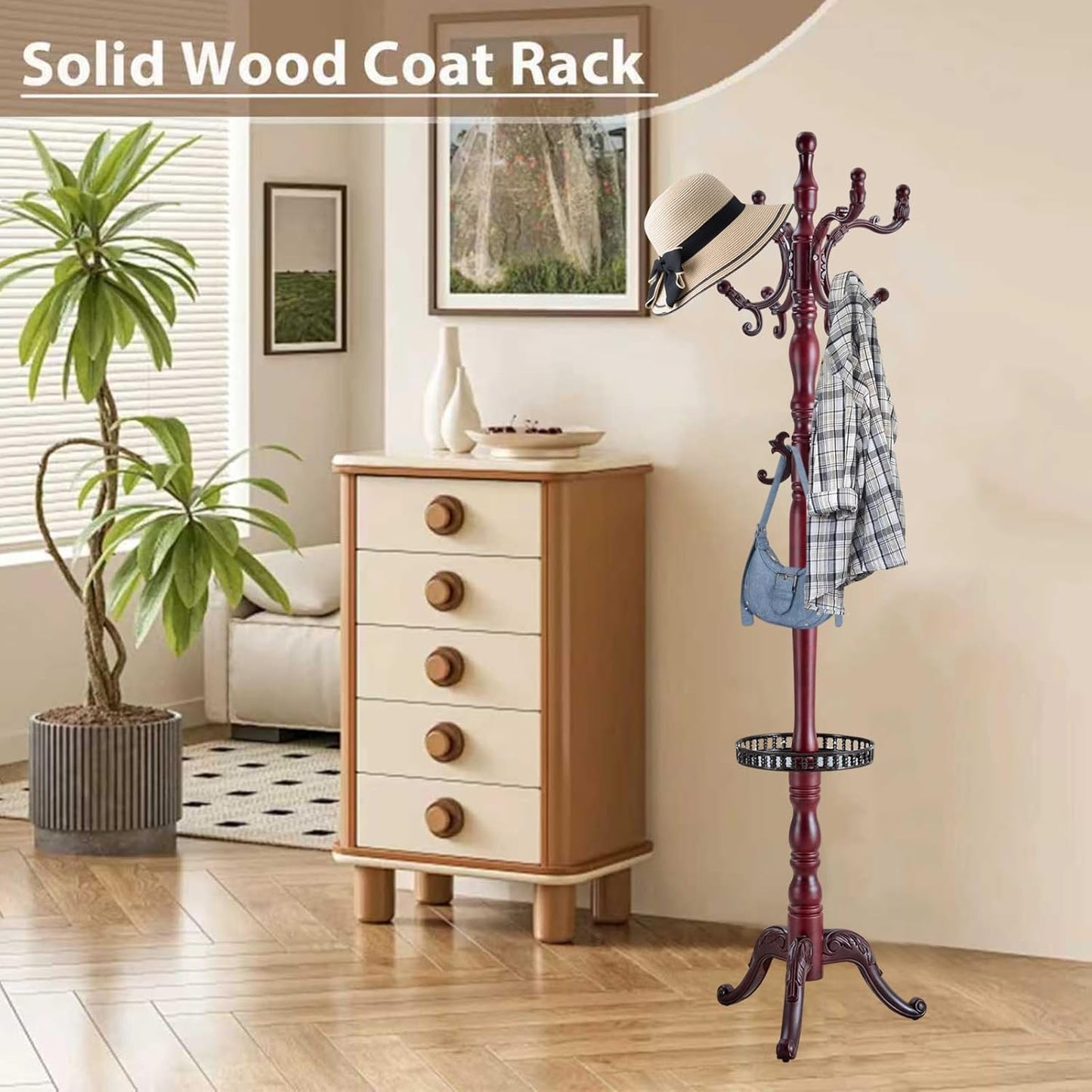 Solid Wooden Coat Rack Stand, Coat Racks Freestanding with 14 Hooks, Natural Birch Wood Coat stands with Sturdy Round Base, Tree Coat Hanger Standing for Entryway Bedroom Office(Redwood triangle2)