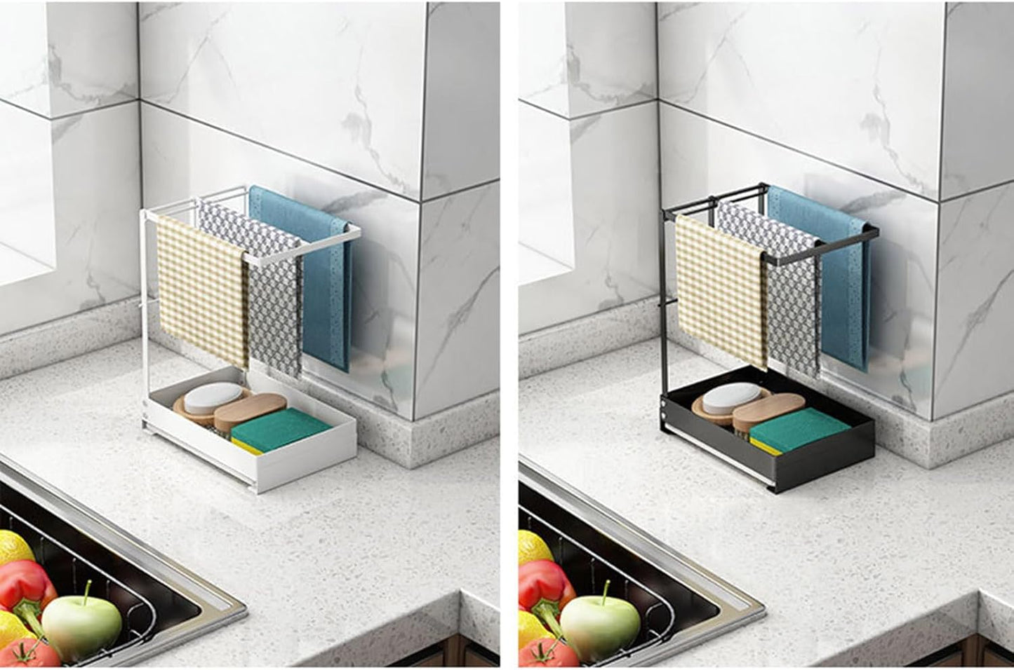 Collapsible Sink Holder Kitchen Tool Organizer Drain Tray with Cleaning Supplies Holder Storage Rack for Brushes and Detergent