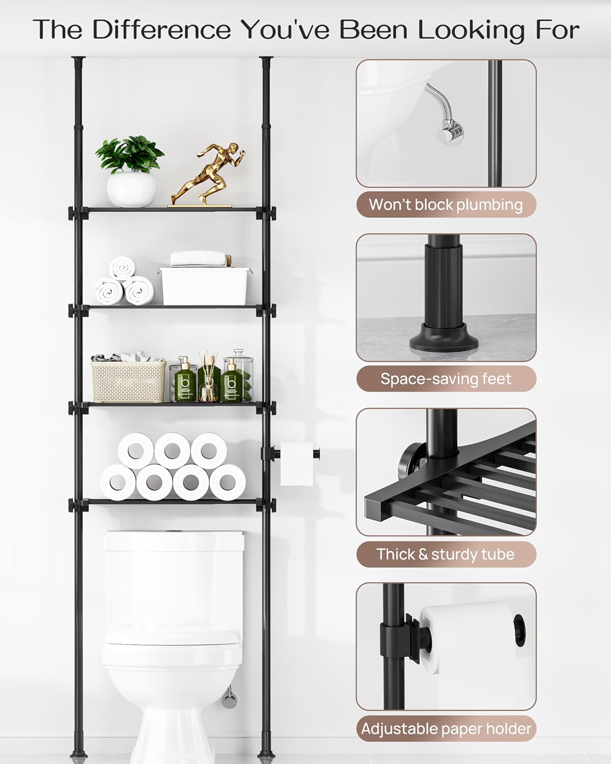 ALLZONE Adjustable Over The Toilet Storage Shelf, 4-Tier Ample Over Toilet Bathroom Organizer and Storage,Tension Mounted Above Toilet Storage Cabinet for Versatility, Fits 64-113 Inch Heights, Black