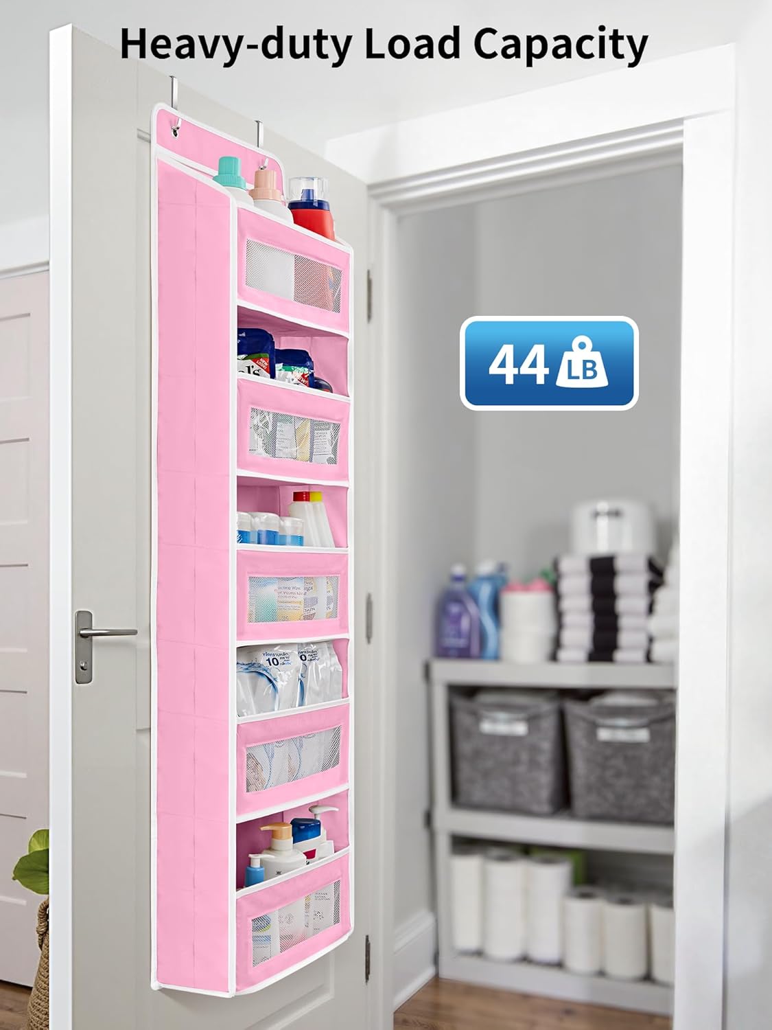 JARLINK Over The Door Organizer Storage, 5 Shelf Hanging Door Organizer with 5 Large Capacity Pockets, Anti Tilt 44 lb Load Behind Door Storage for Bedroom, Bathroom, Pantry, Nursery, (Pink)