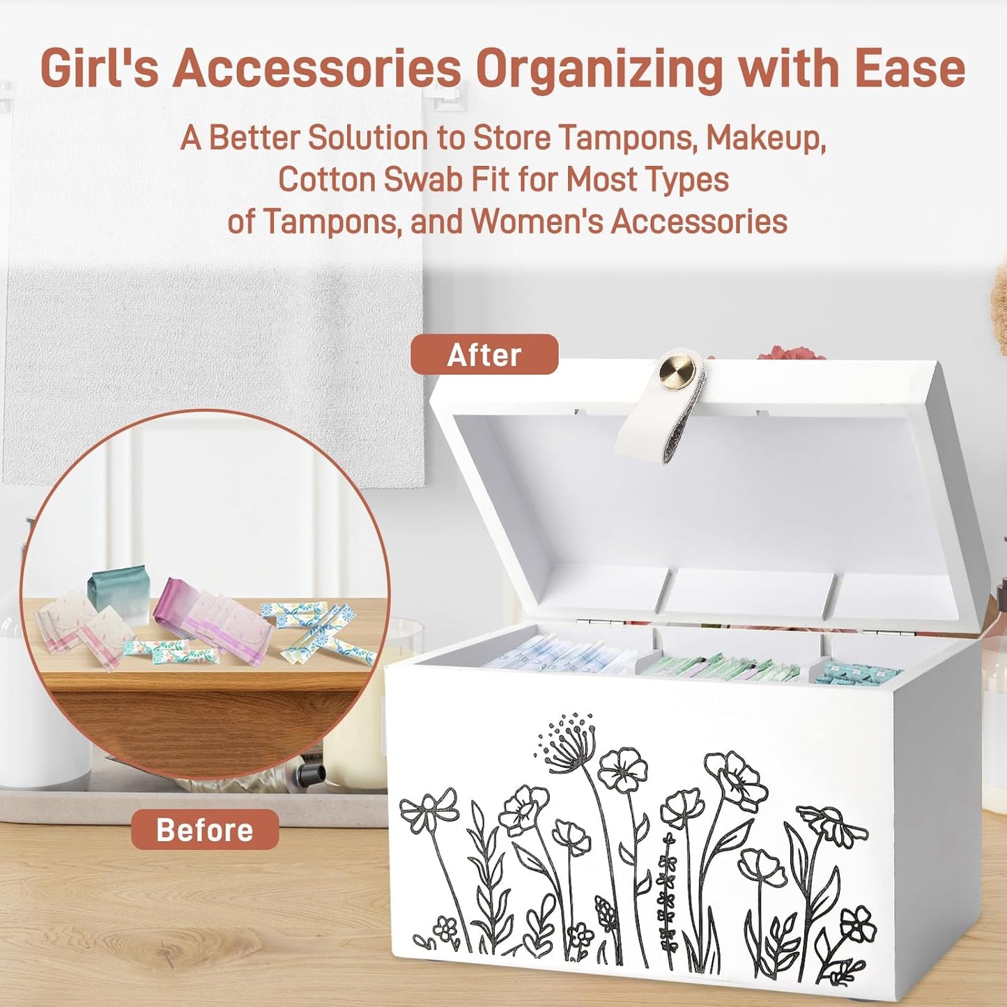 100% Solid Wood Tampon Holder Box with Lid, Copper Leather Pull, Absolute Real Wood Bathroom Decorative Box for Feminine Product Storage and Accessories such as Tampons, Cotton Balls, Gifts for Women