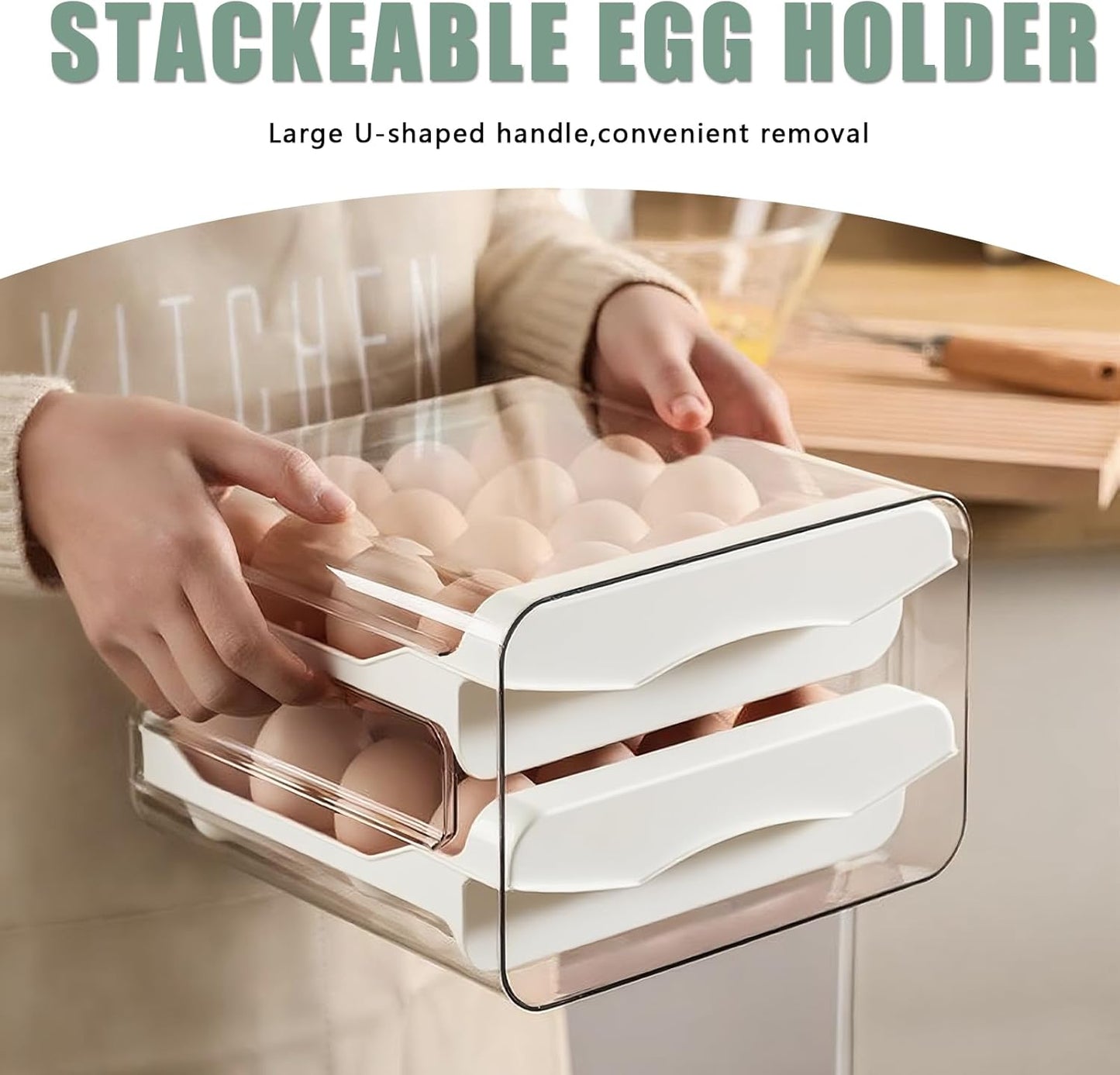 Refrigerator egg rack, egg container, egg storage box, double-layer transparent surface stackable, concave and convex handle kitchen storage organizer, bracket tray, refrigerator organizer (White)