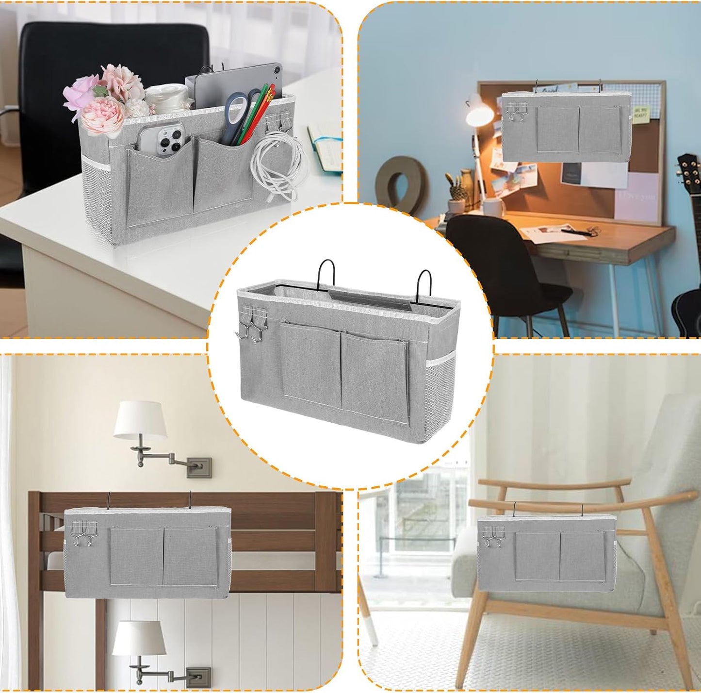 2 Pcs Bedside Caddy Storage Organizer/Bedside Storage Bag - Hanging Bag Holder with Pockets for Bunk and Hospital Beds, Dorm Rooms Bed Rails, Can be Placed Glasses, Books, Mobile Phones, Keys (Gray)