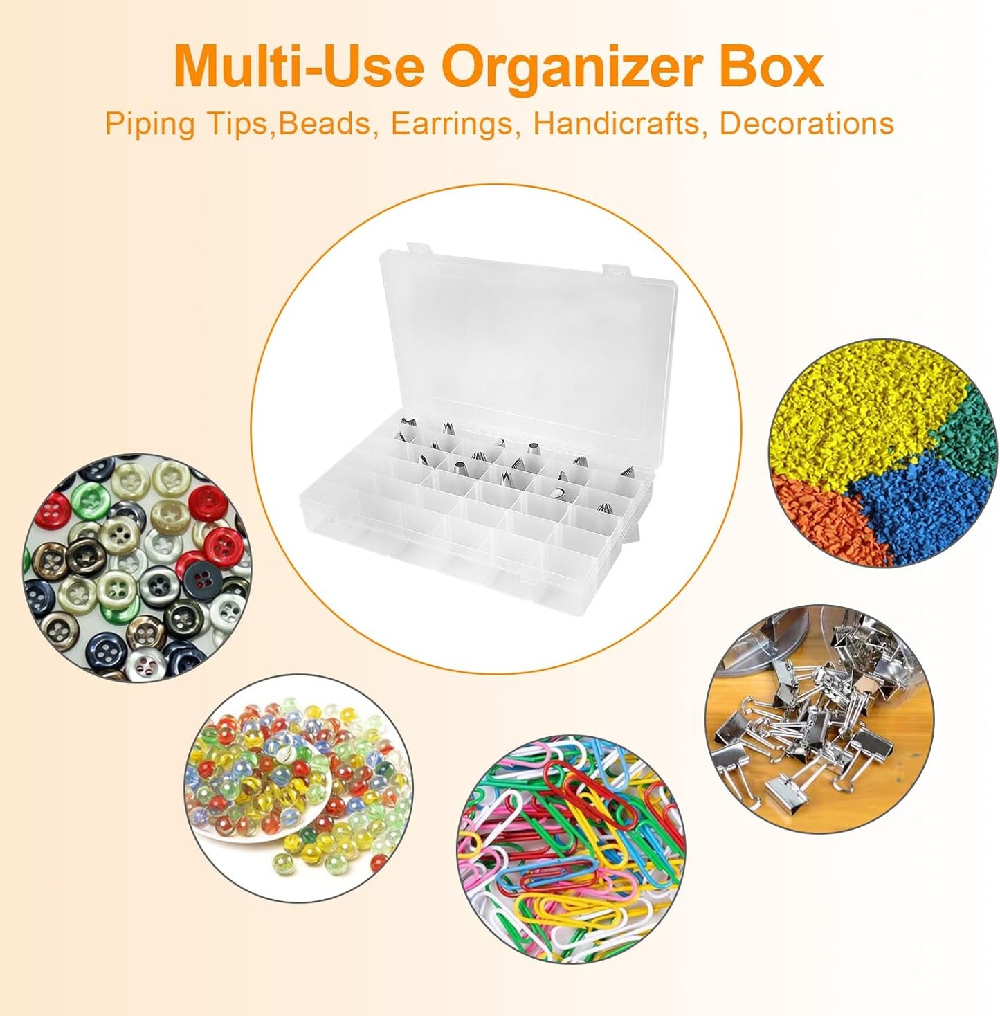 Piping Tip Organizer Box, 36 Grids Storage Container with Adjustable Dividers, Made with Clear Plastics, Compartment Container for Cake Decorating Tools, Baking Tools, Jewelry, Beads and Small Crafts