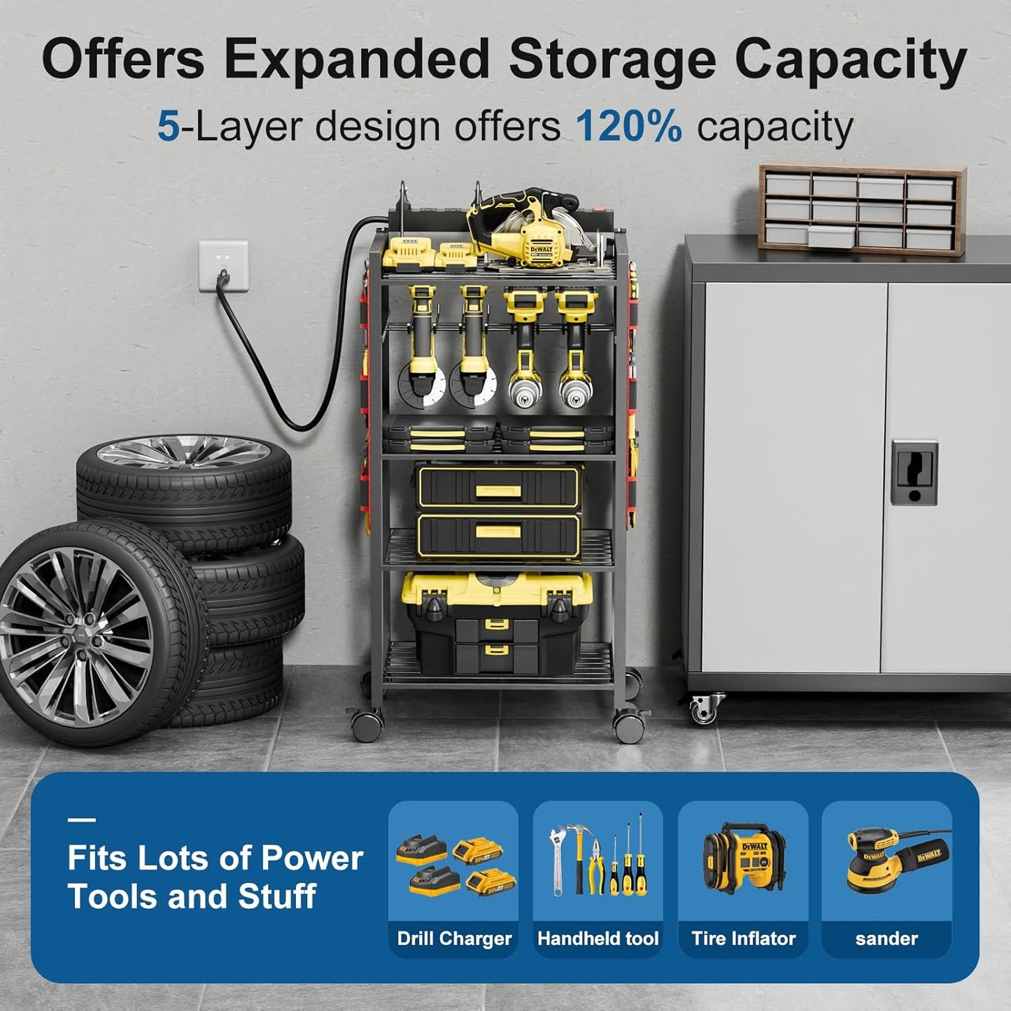 5-Tier Power Tool Organizer Cart with Charging Station - 8 AC Outlets, 300 lbs Heavy Duty Utility Rack, Rolling Drill Holder & Tool Storage Cart on Wheels for Garage, Workshop, Gift for Men