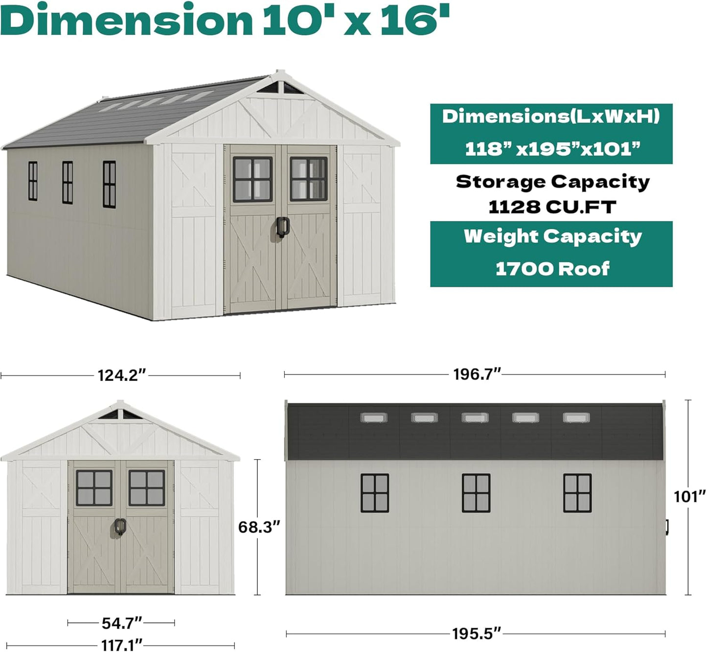 Devoko 10x16 FT Resin Outdoor Storage Shed with Floor, Plastic Tool Garden Shed with Windows & Lockable Door, Outside Large Storage Shed for Patio Backyard Lawn, Beige
