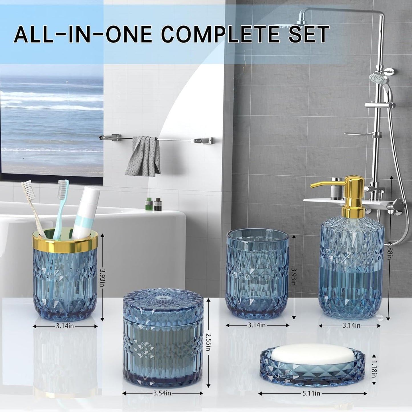 Blue Bathroom Accessories 5 Pcs, Glass Bathroom Accessory Set, Vintage Blue Bathroom Set, Soap Dispenser and Toothbrush Holder Set, Qtip Holder, Bathroom Sets Complete, Modern Bathroom Decor
