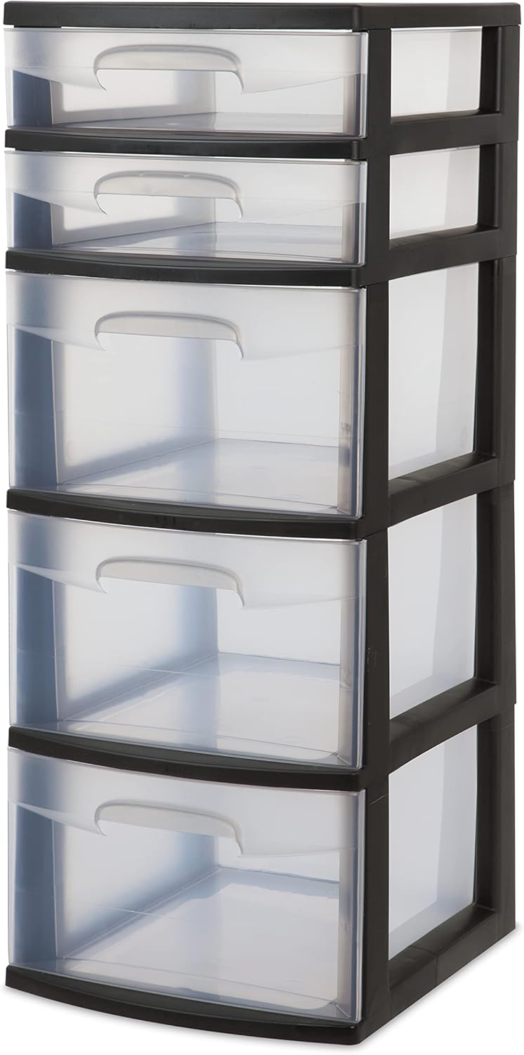 5-Tier Storage Drawer,with Both Shallow and Deep Clear Plastic Storage Organizer Drawer Tower,Suitable for Bedroom,Bathroom and Office Organization Black
