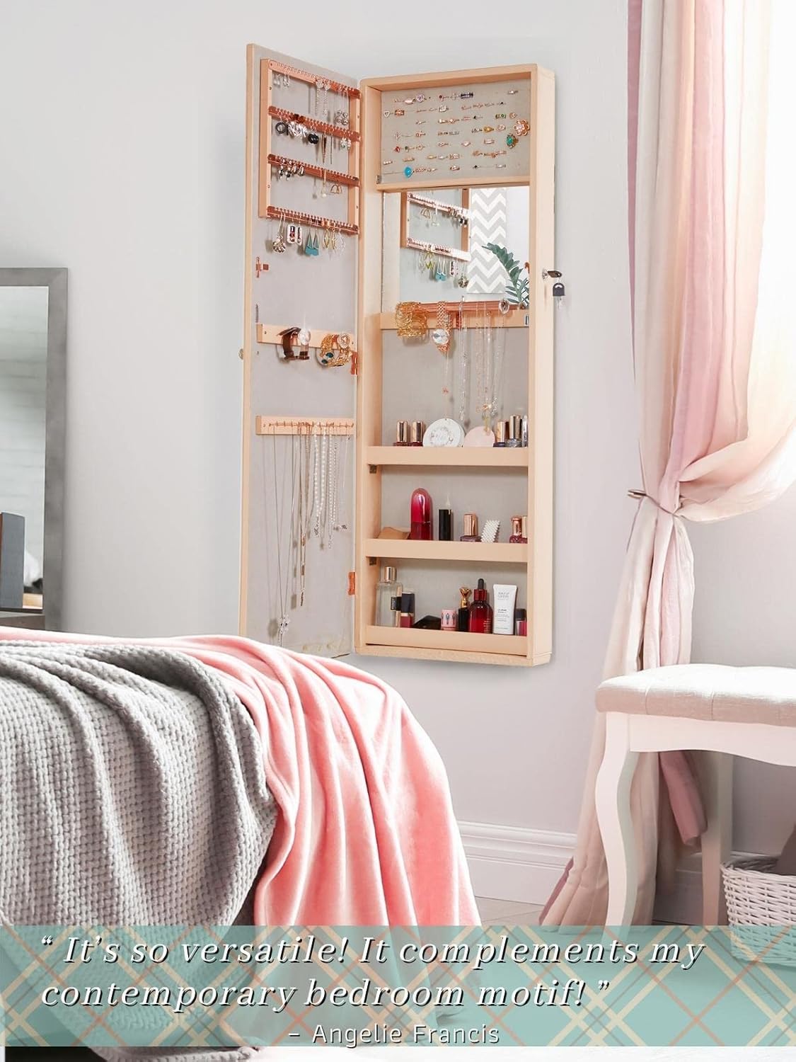 LUXFURNI Jewelry Armoire Organizer, Wall/Door Mounted Cabinet with Full Length Mirror (Peach)