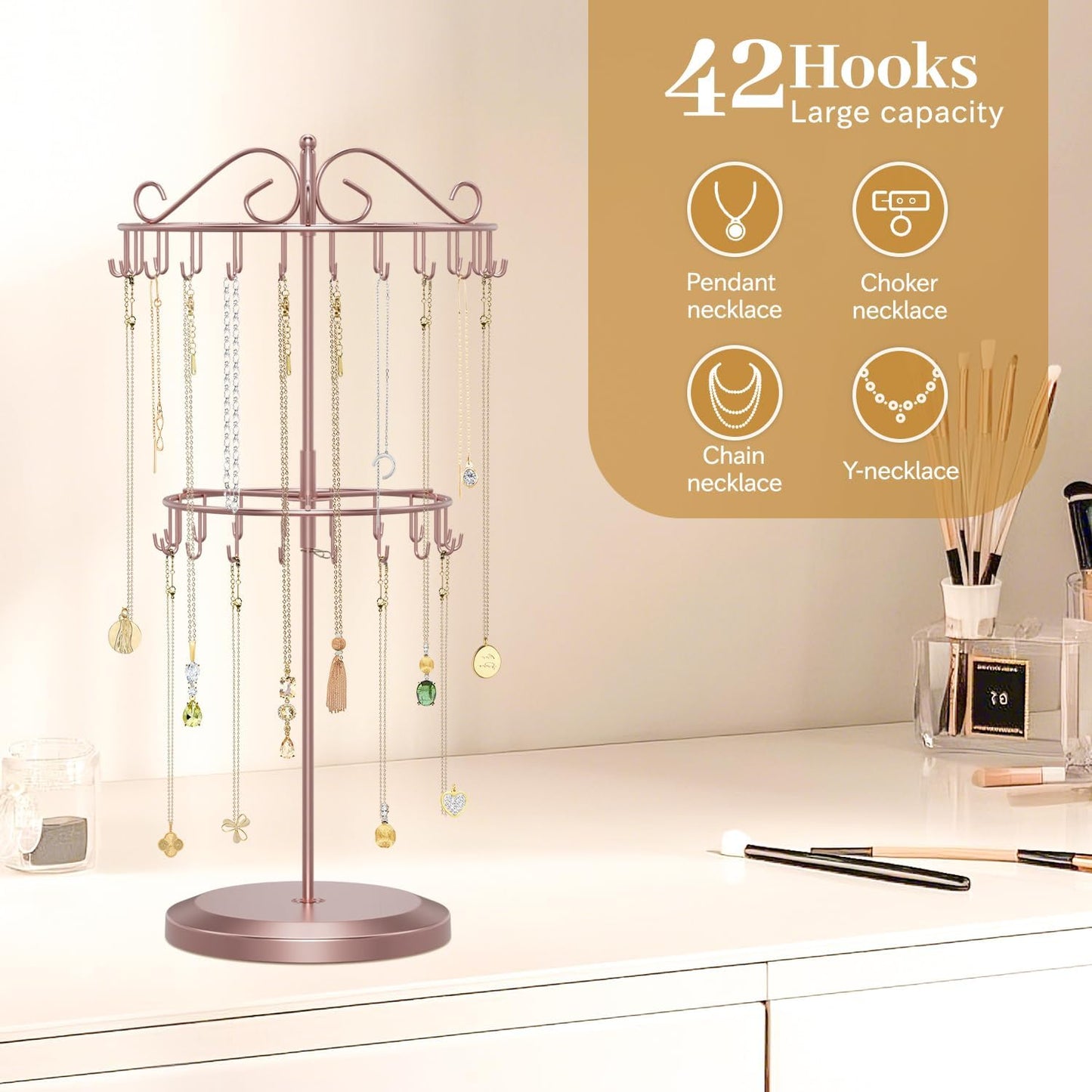 MODOWEY Rotating Necklace Holder Organizer Display Stand with 42 Hooks, 2 Tier Adjustable Metal Tree for Long Necklace Hanger, Tall Spinning Bracelet Storage Rack for Men Women, Rose gold