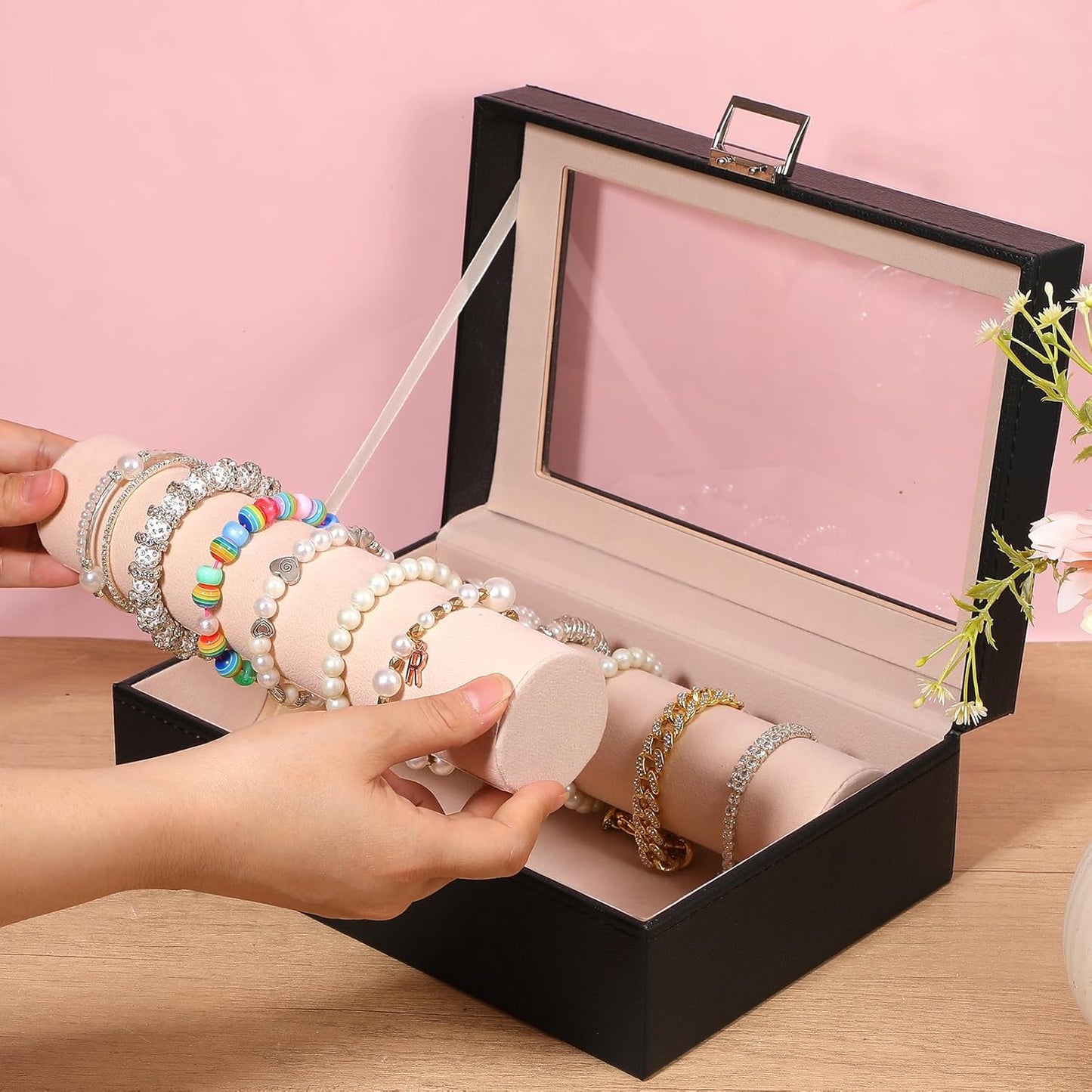 Bracelet Display Holder with Rods for Bangles Watches, Clear Lid Jewelry Organizer Box Storage Case for Women Girls -Black