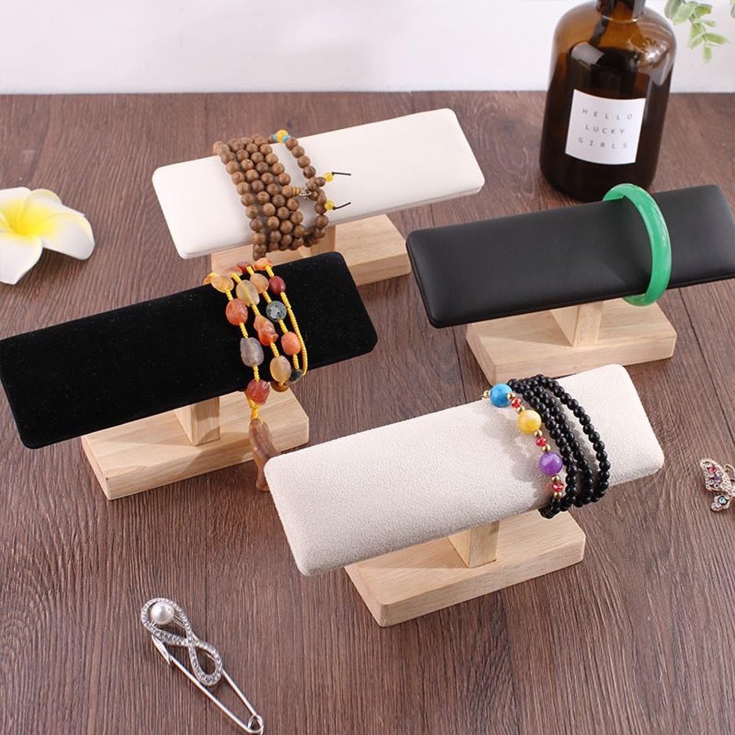 Wooden Watches Display Stands Base Watch Necklace Bracelet Organizer Rack Bangle Scrunchie Headband Showcase Stands Exterior Beige PU