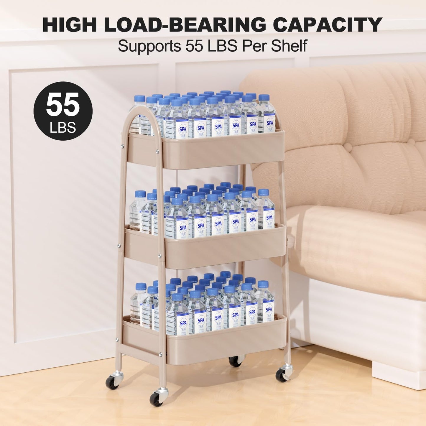 EAGMAK 3 Tier Rolling Cart, Large Metal Storage Cart with Handle and Lockable Wheels, Big Multifunctional Storage Organizer Trolley with Mesh Baskets for Kitchen, Living Room, Office, Garage (Beige)