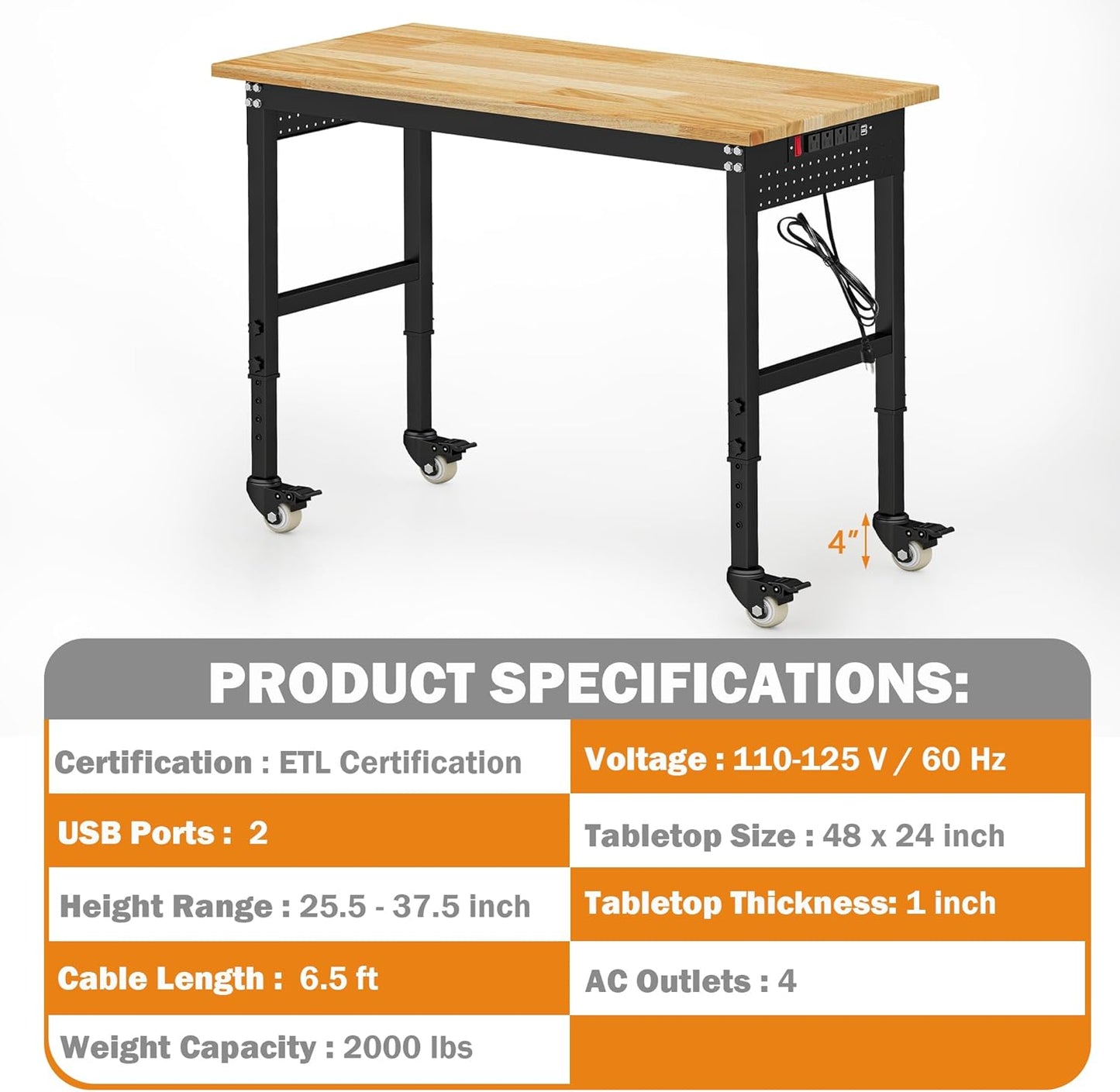 Betterhood 48" Adjustable Workbench on Wheels, Rubber Wood Heavy Duty Workstation with Power Outlets&2 Pegboards, 2000 Load Capacity Hardwood Worktable for Workshop, Garage, Office, Home, Commercial
