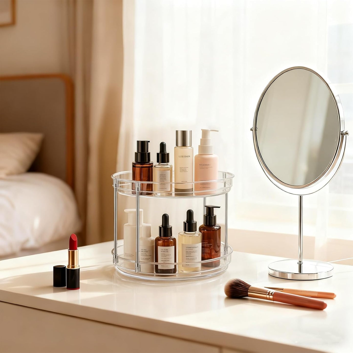 2-Pack 2-Tier Clear Lazy Susan Turntable Organizer, 9.5" Rotating Spice Rack for Kitchen Cabinet, Countertop Tray for Bathroom & Vanity to Organize Makeup, Perfume and Jewelry