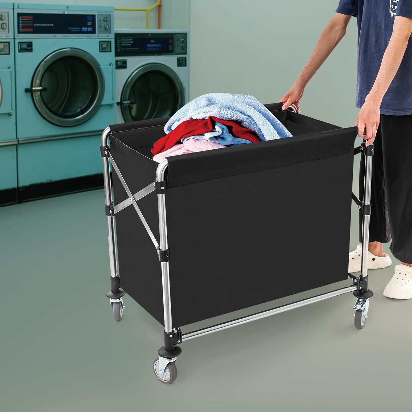 Commercial Laundry Cart with Wheels,Folding Laundry Hamper Cart,Heavy Duty Rolling Basket with Large Capacity,Sorter Trolley for Home Hotel Apartment (Black, 34.25 * 20.47 * 30.7in)