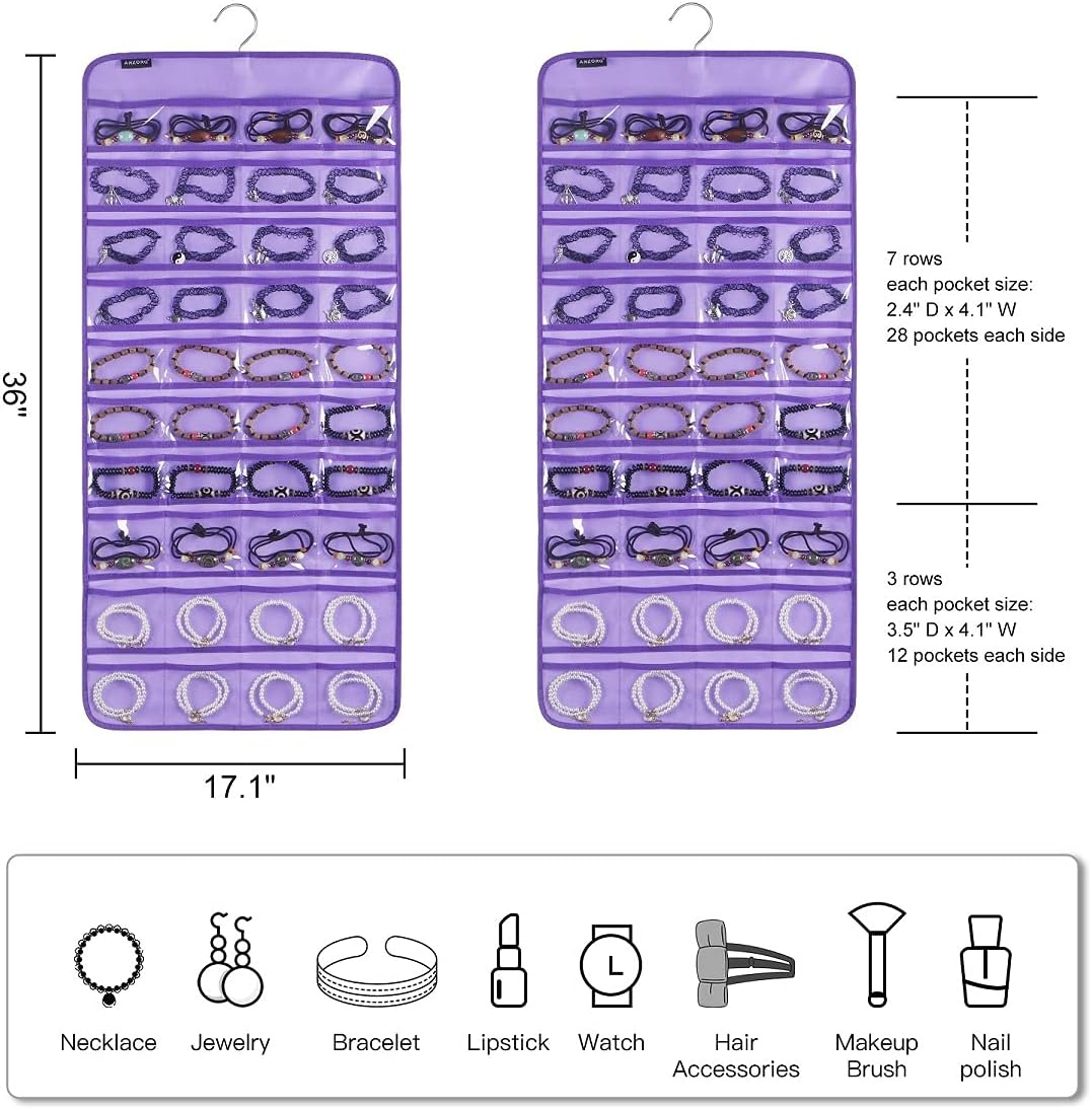 80 Pockets Hanging Jewelry Organizer for Holding Jewelries Dual-Sided Accessory Display Holder for Earrings Bracelets Rings (80 Pockets-Purple)