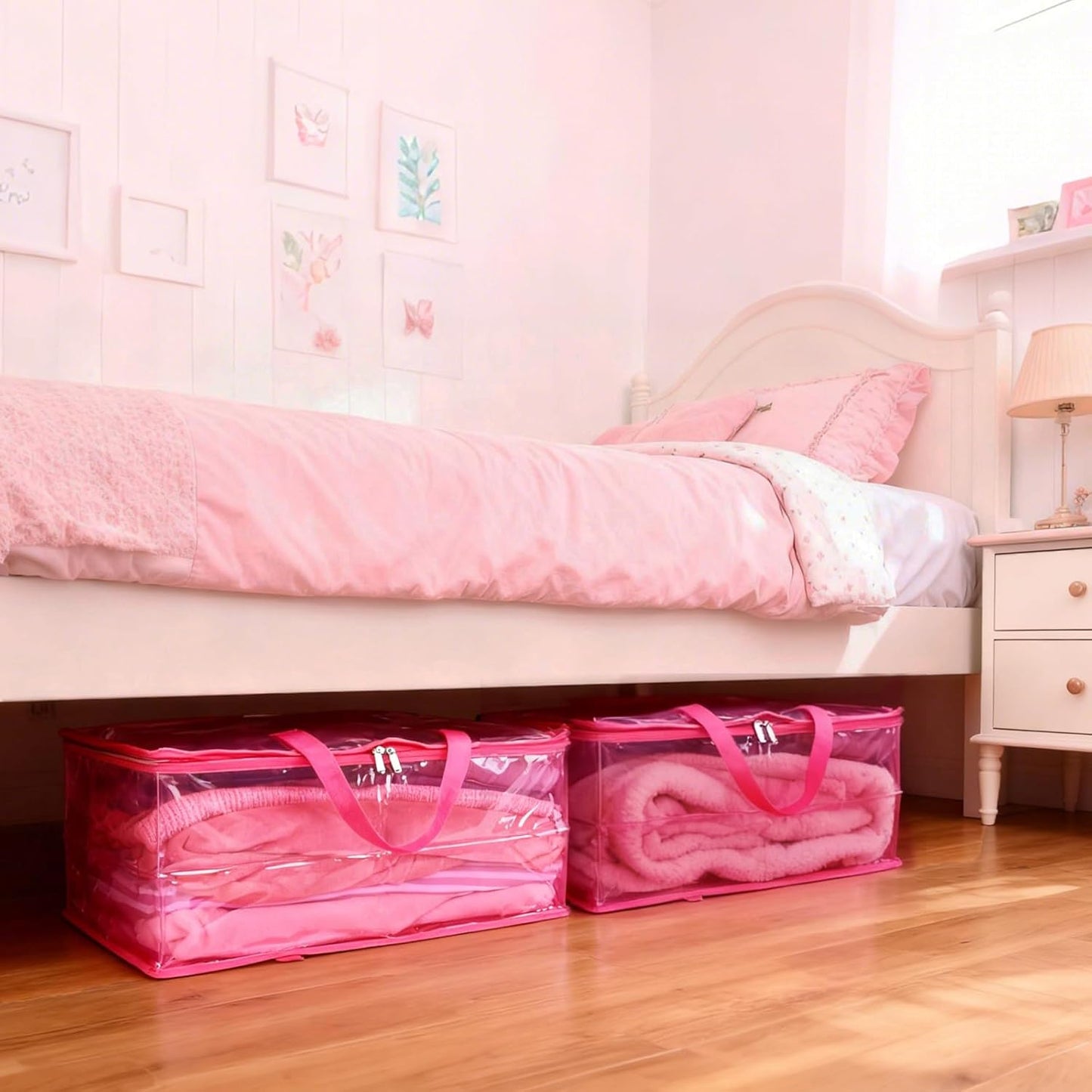 SGHUO Clear Storage Bags 60L Extra Large Plastic Vinyl Blanket Storage Bag for Clothes, Comforter, Bedding, Moving Bags with Zipper and Reinforced Handle (4pcs, Pink)