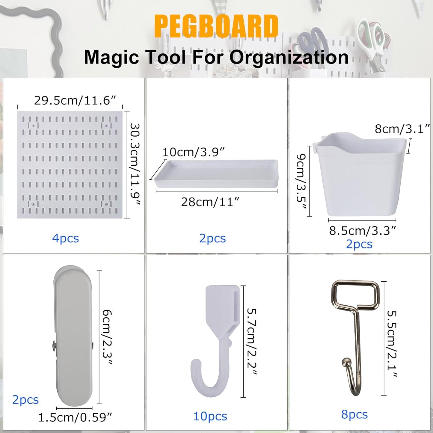 PSLER 4PCS Pegboard Wall Organizer White Peg Boards for Desk, Office & Gaming Setup Space-Saving Peg Board Kit with Hooks for Keys, Storage Box, Partition
