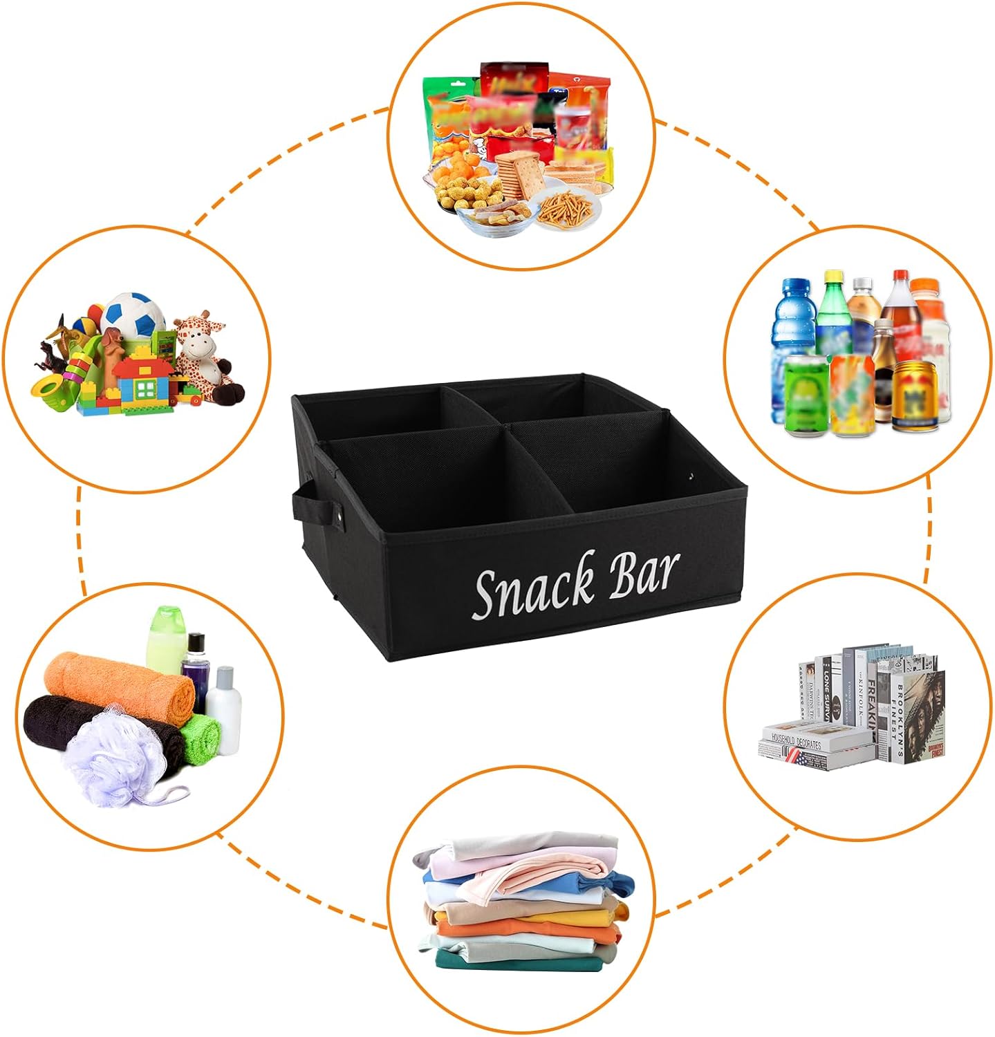 Snack Organizer for Countertop, Fabric Snack Basket with Handles, 4 Compartment Snack Box Container Snack Holder, Snack Bar Station Decor, Kitchen Cabinet Pantry Organizer and Storage, Black