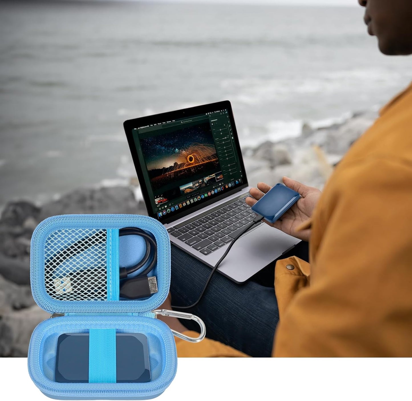 Carrying Case Compatible with Crucial X10/ X9 Pro 4TB/ 2TB/ 1TB Portable SSD, External Solid State Drive Hard Storage Holder Bag Fits for USB-C Cable (Box Only) (Sea Blue)