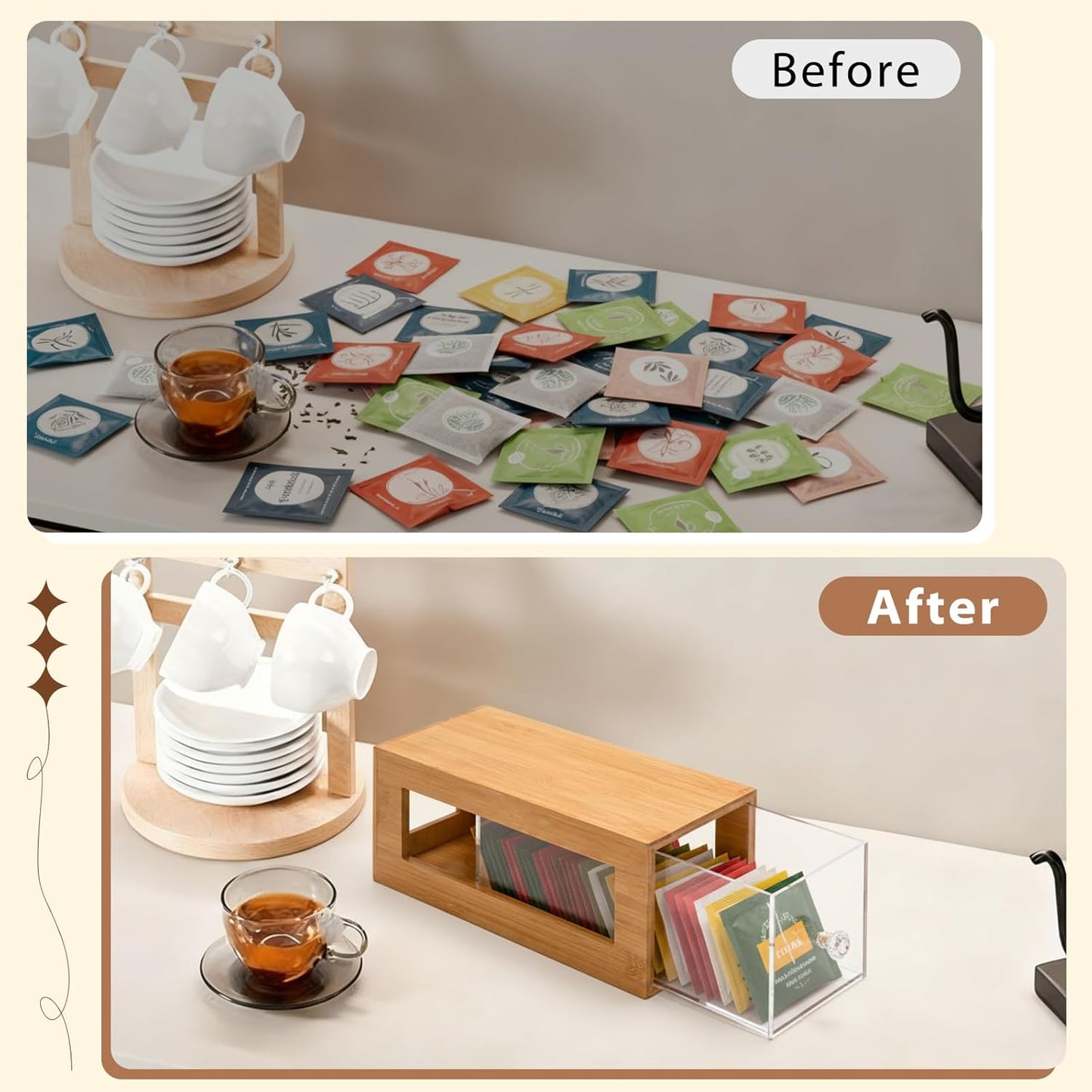 2 Pcs Bamboo Tea Bag Organizer Drawer Stackable Tea Bag Holder and Organizers, Wooden Storage Containers with Acrylic Drawer, Well-Organized for Office Kitchen Countertop Cabinet Pantry