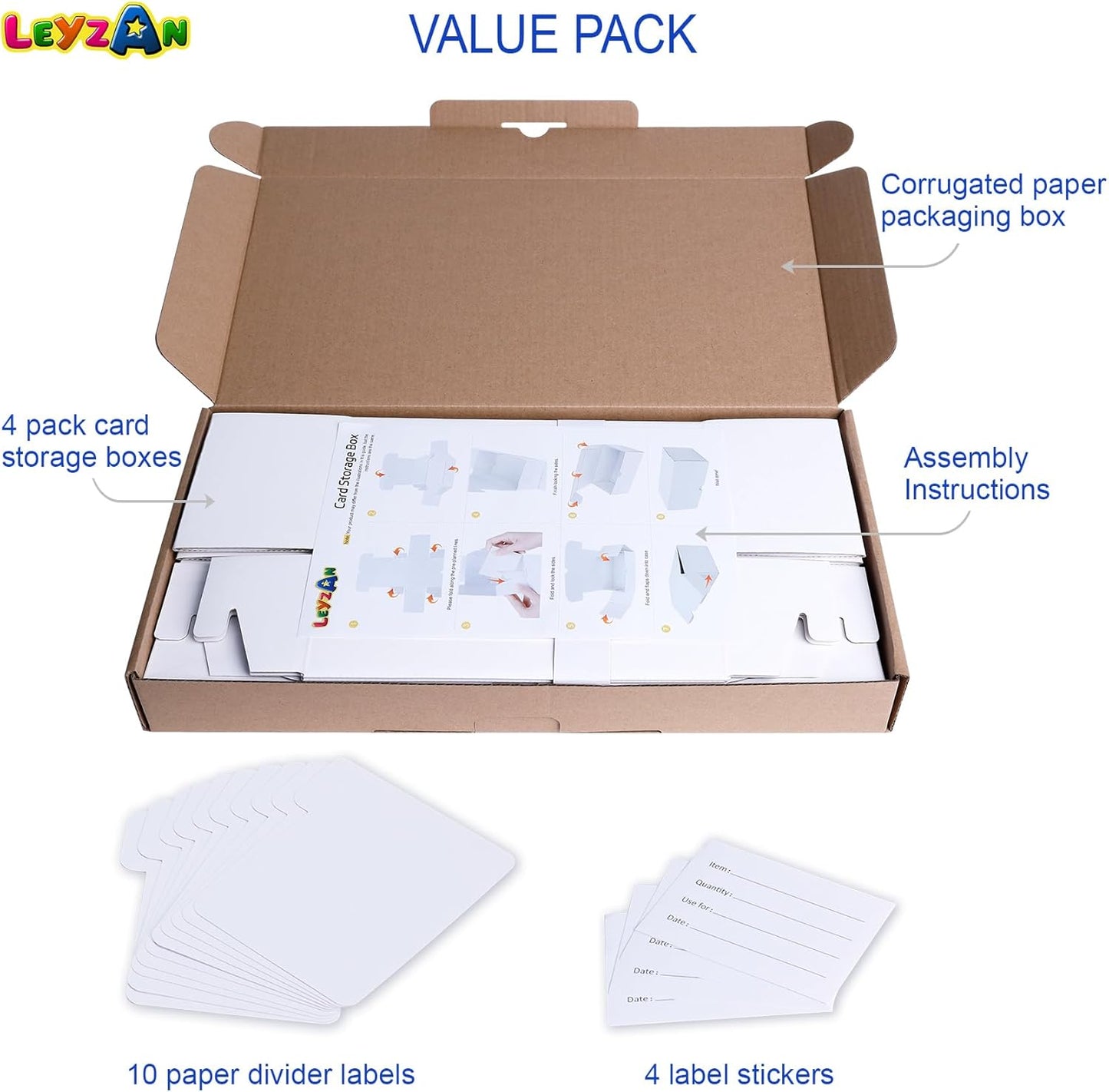 Trading-Card Storage Box, 4-Pack • 400 Count Corrugated Cardboard Storage Box with dividers & labels for TCG/Magic/Mtg Storage and Collection, Horizontal