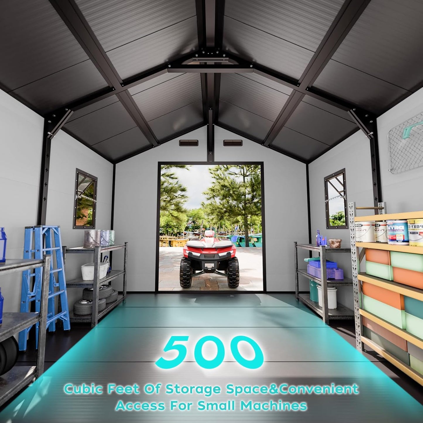 8x8 Shed with Floor, Heavy-Duty Plastic Resin Sheds & Outdoor Storage, Garden Tool Shed for Backyard, Patio, Bike Storage with Lockable Awning Windows & Reinforced Steel Frame(23-Gauage