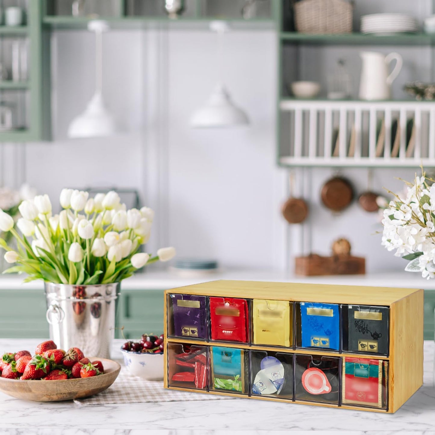 TIMIEEYA Tea Bag Organizer - Bamboo Tea Storage Organizer With Drawer 2 Layer, Tea Organizer for Tea Bags Natural Wood & Acrylic for Countertop Office Kitchen Cabinet Pantry