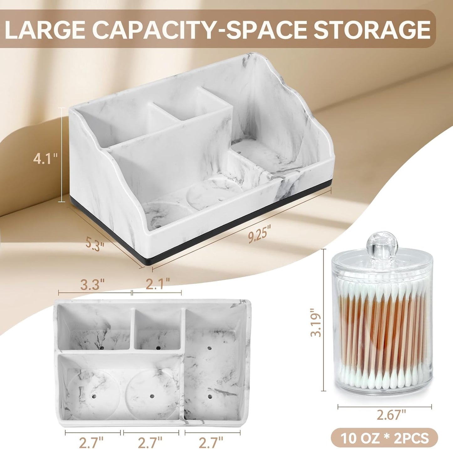 Marble Bathroom Countertop Organizer, Toothbrush Holders for Bathroom with 2PCS Qtip Holder Dispenser and Toothpaste Holder Drainage for Bathroom Accessories Organization Counter Vanity Storage