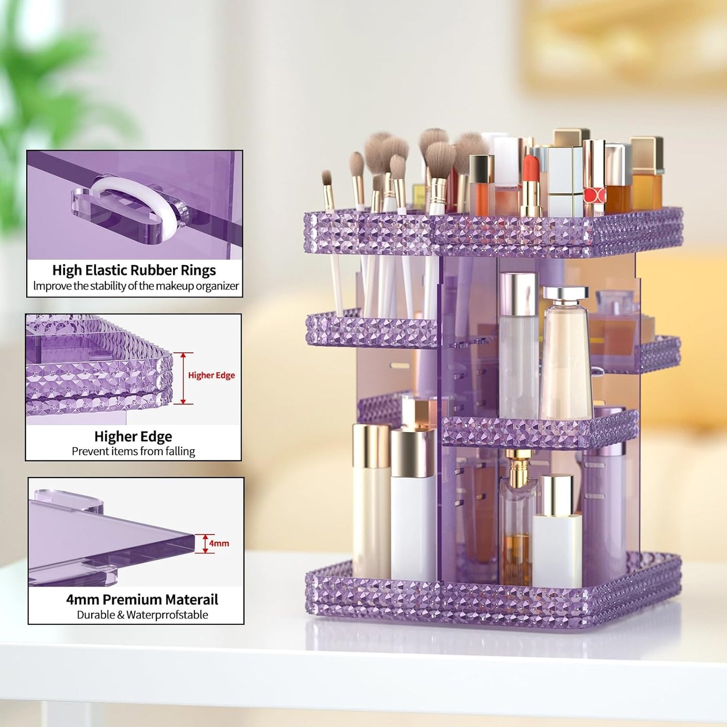 Rotating Makeup Organizer, Large Capacity Cosmetic Display Case, Acrylic Skincare Organizer with Makeup Brush, Makeup Storage Organizer for Dresser Countertop and Bathroom Vanity - Purple