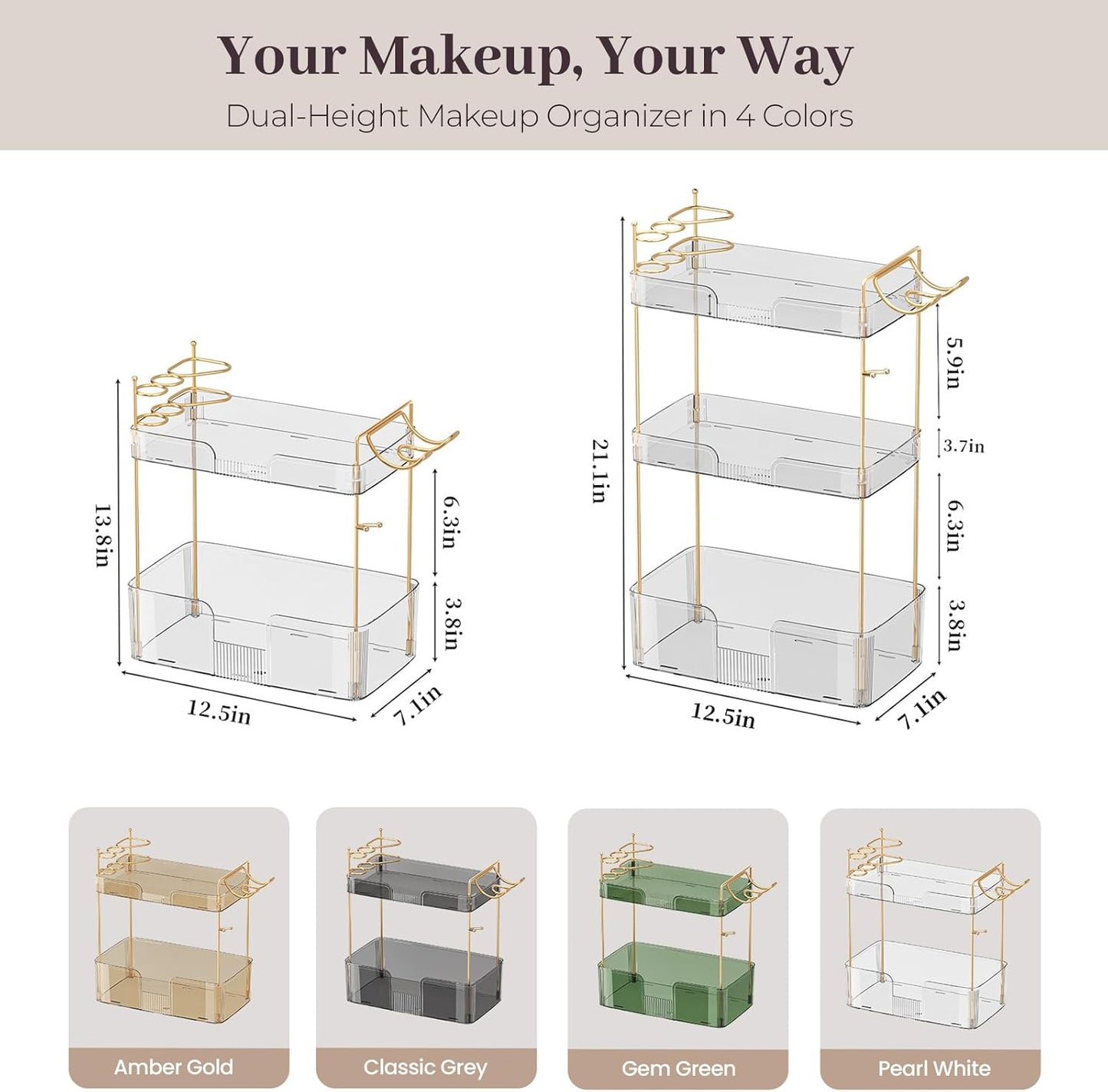 Bathroom Counter Organizer Countertop, 3 Tier Makeup Perfume Storage with Hair Dryer Rack and Toothbrush Holder, Cosmetic Tray for Vanity - Clear