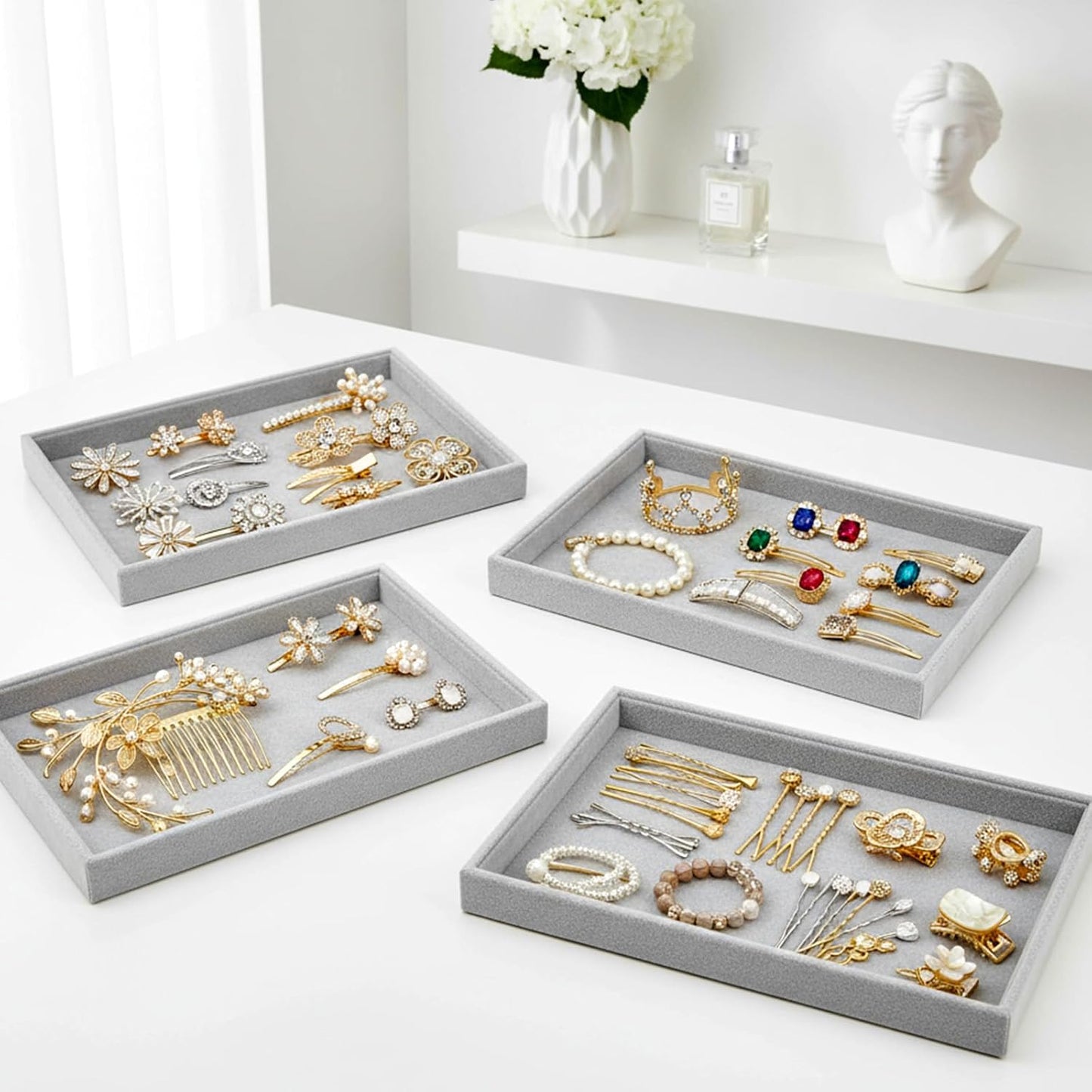 4 Pack Gray Velvet Stackable Jewelry Tray Showcase Display - 13.78 x 9.45 x 1.18 Inch, Stackable Necklace Bracelet Ring Showcase Display Empty Plate for Necklace Earring Ring Bracelet