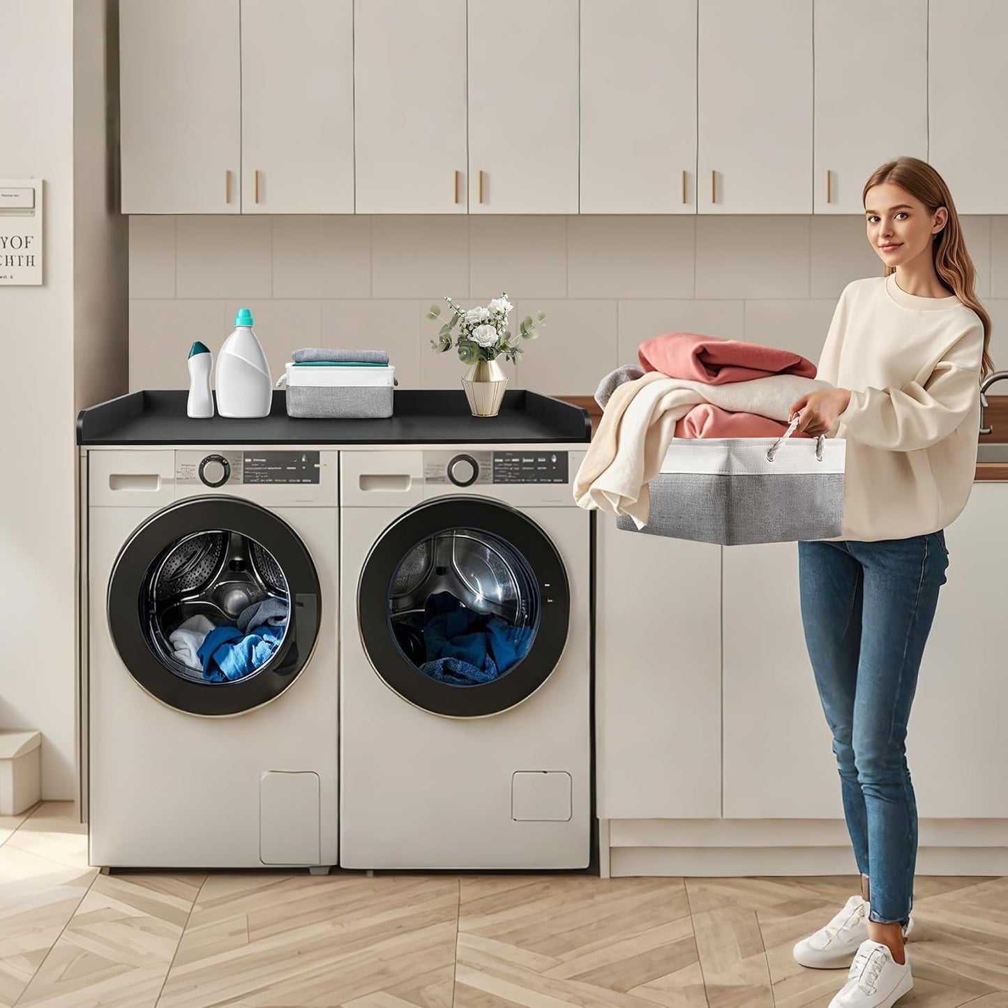 Washer Dryer Countertop with 2 Pack Storage Baskets, Wood Washer and Dryer Countertop with Non-Slip Pads/Edge Rails for Laundry Room Storage and Organization, 27.5" W x 54" L(Black)