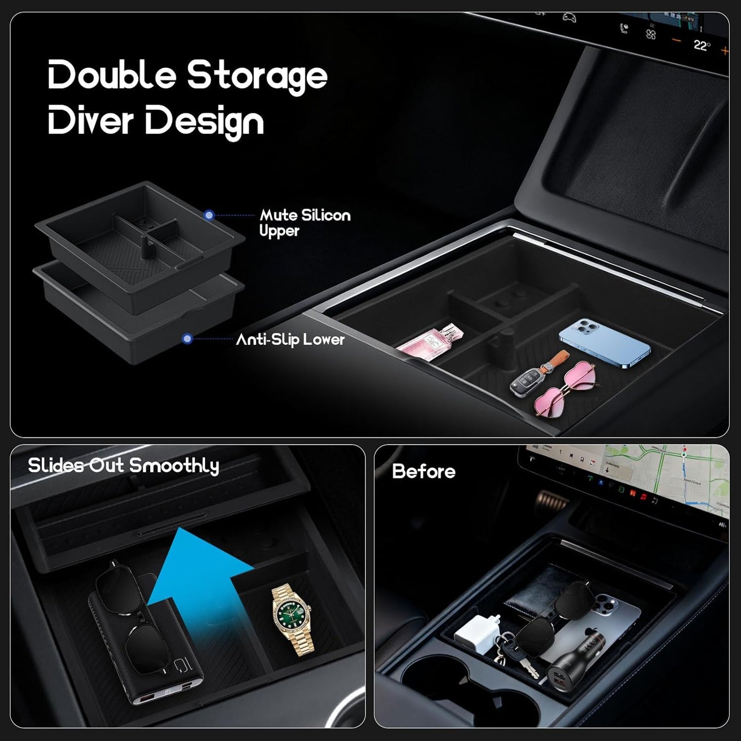 Model Y Juniper and Model 3 Center Console Organizer for Tesla 2025 2026, Refreshed Highland Accessories Set Include Armrest Compartment Tray, Hidden Storage Box and Cup Holder 4Pcs