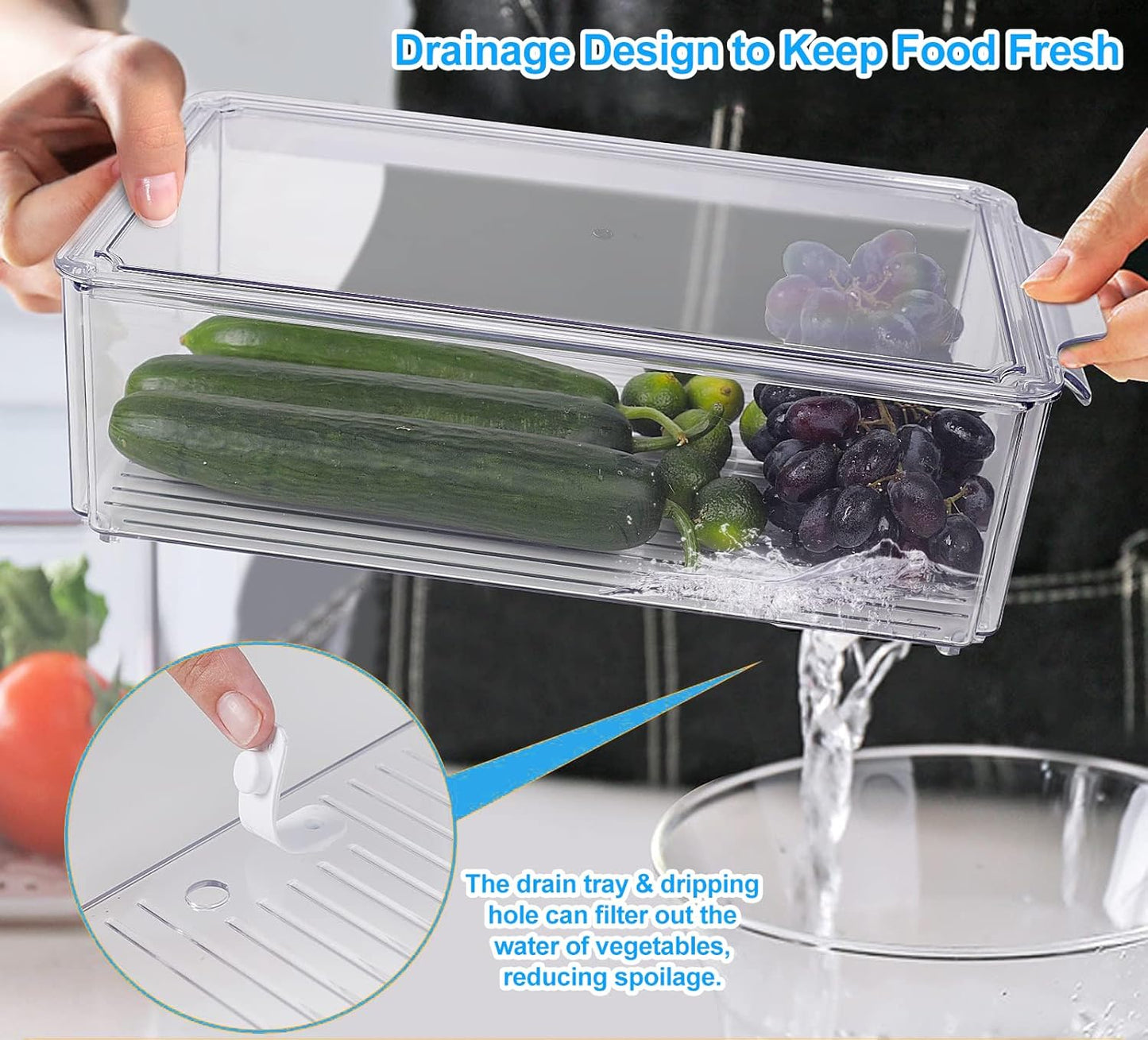 14-Pack Clear Fridge Organizer Bins with Lids, Stackable Refrigerator Storage Containers, BPA-Free with Drain Tray & Anti-Slip Base for Fruits, Veggies, Drinks